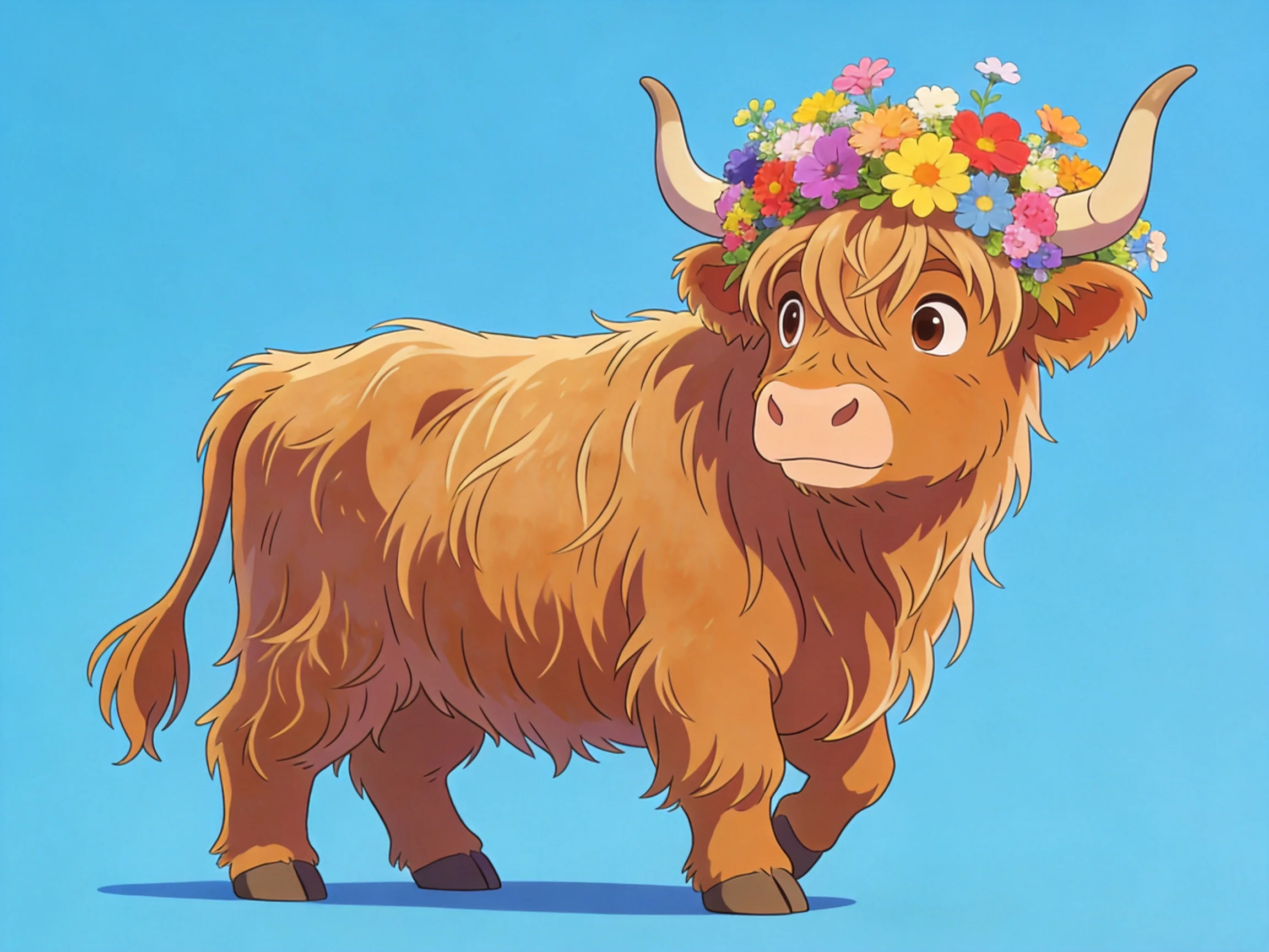 A fluffy brown cow wearing a colorful flower crown on a bright blue background