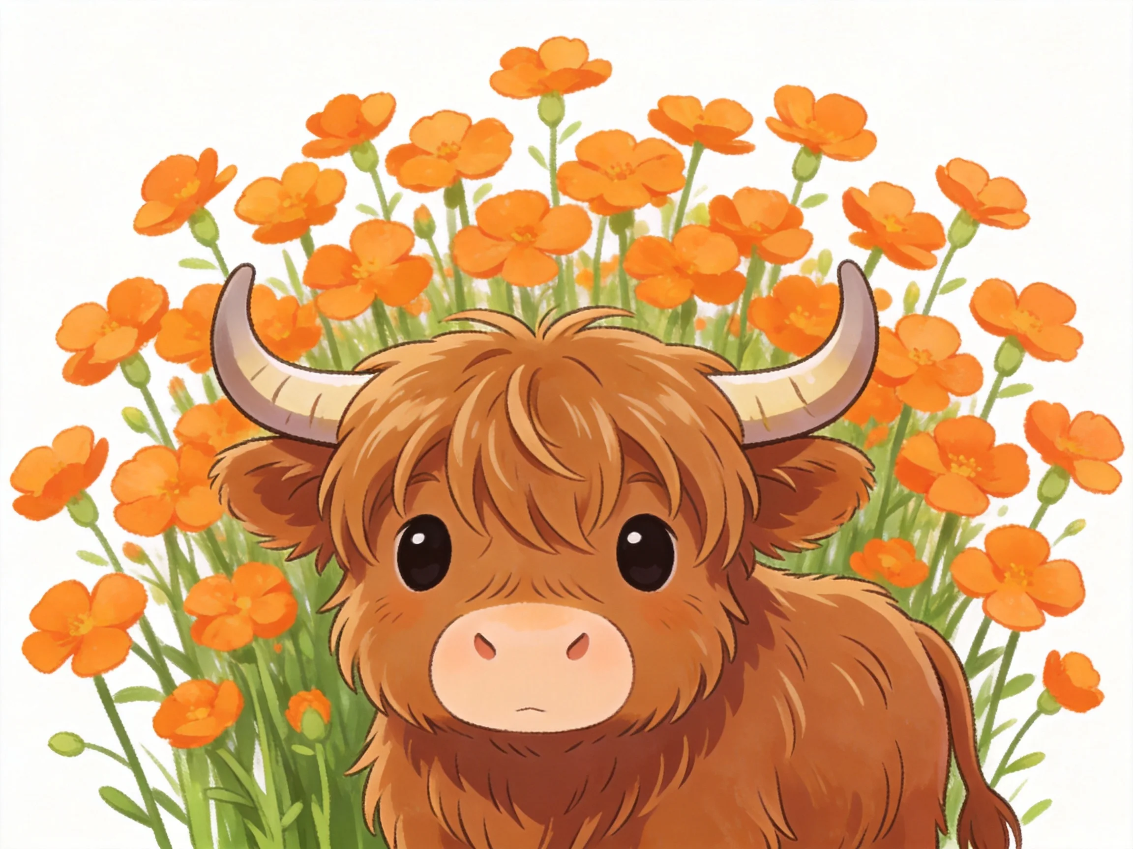 A fluffy brown cow with curved horns amid vibrant orange flowers