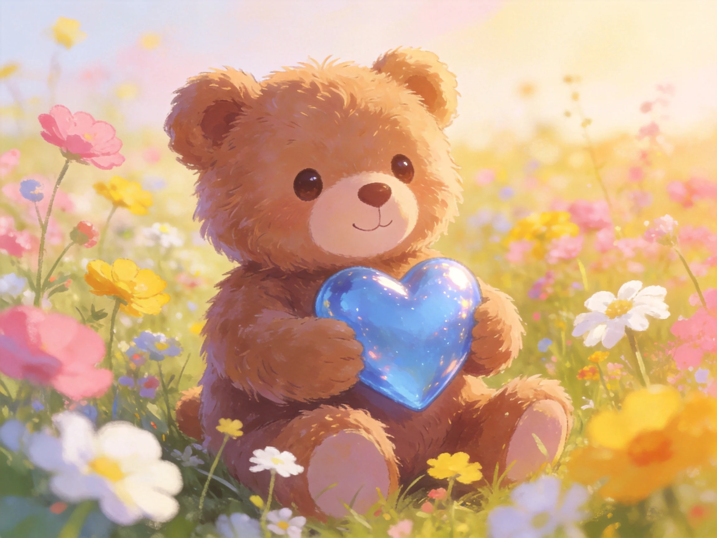 A fluffy brown teddy bear holds a blue heart amid colorful wildflowers