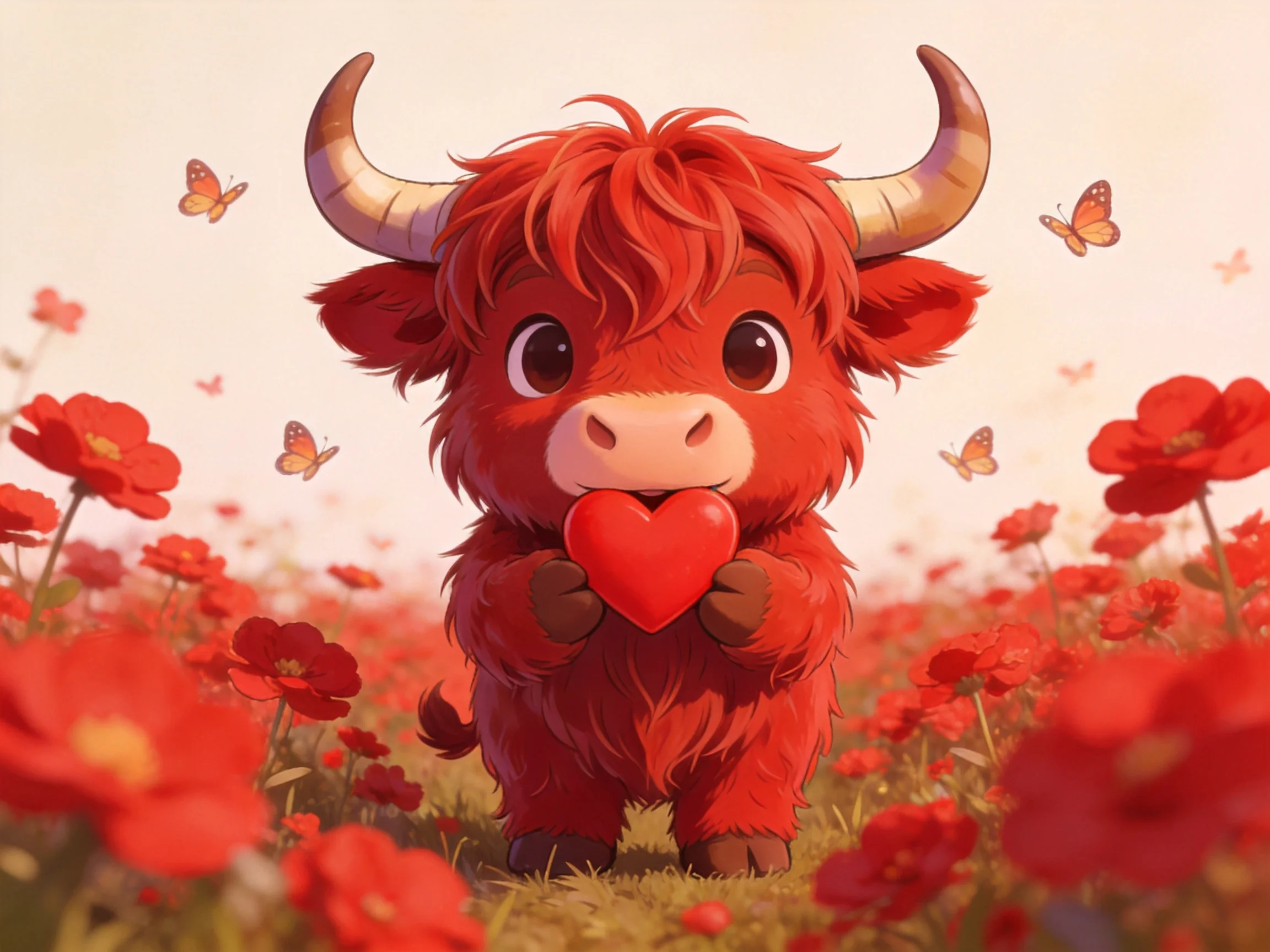 A fluffy red cartoon cow holds a heart amid vibrant red flowers