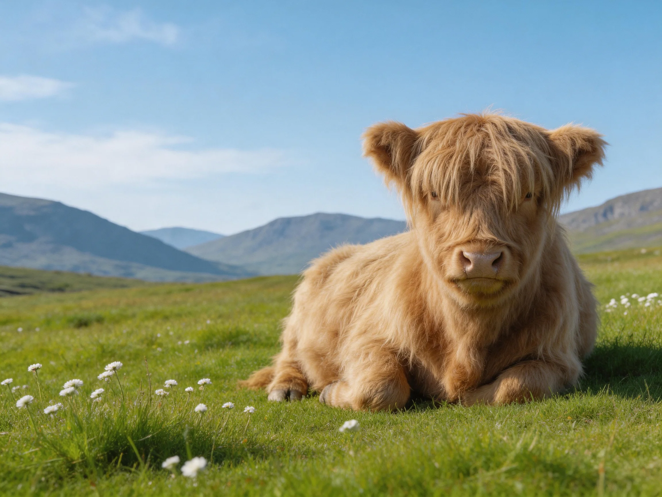 A fluffy tan Highland calf resting in a green meadow with distant mountains