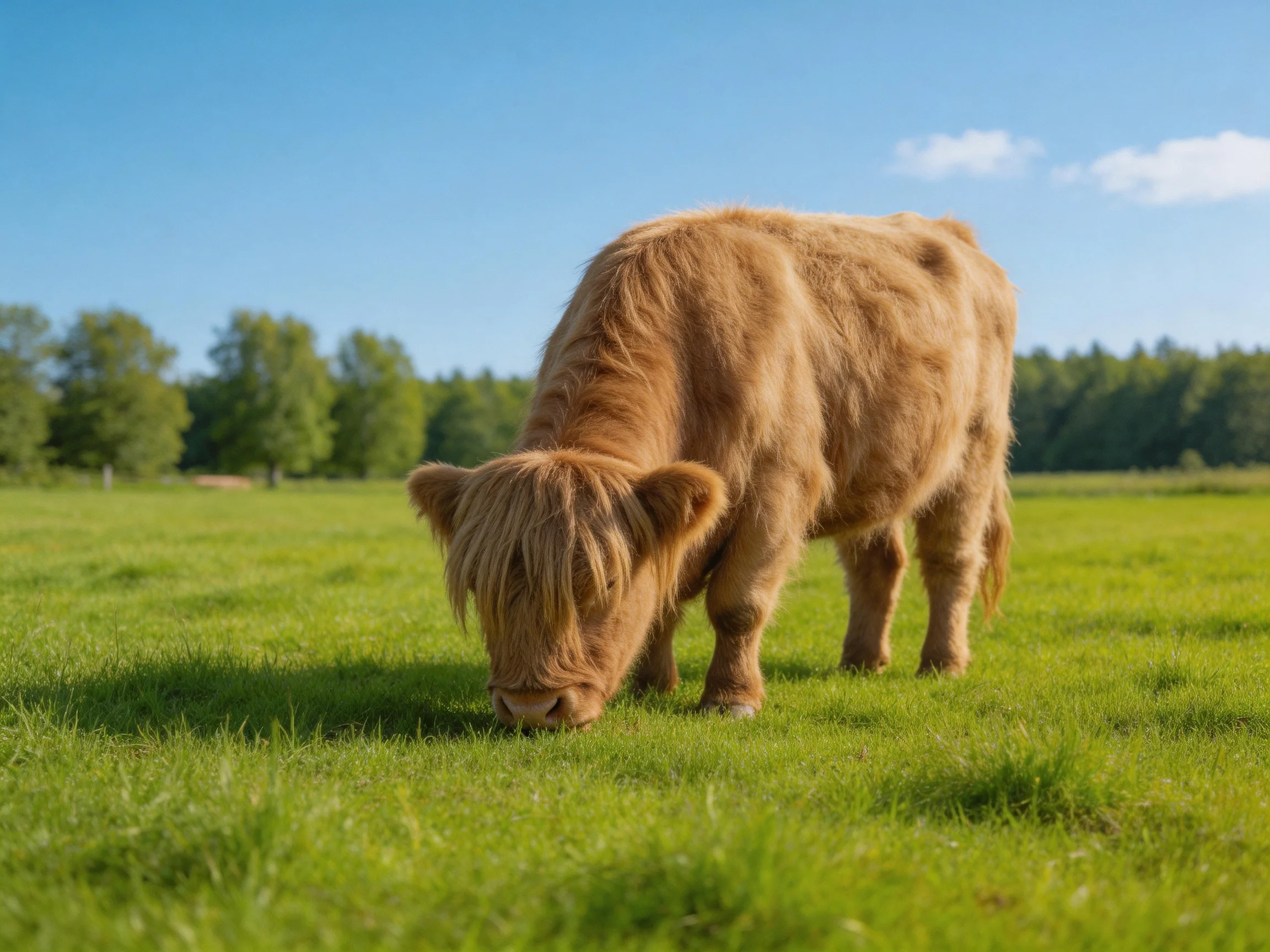 A fluffy tan Highland cow grazes in a lush green meadow