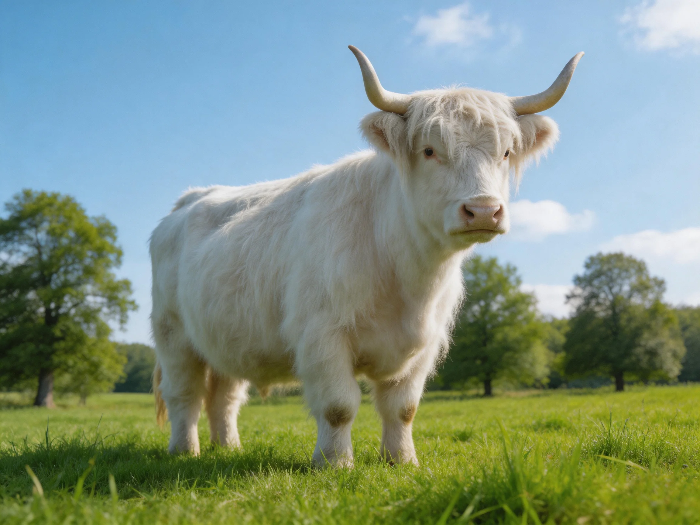 A fluffy white Highland cow stands in a lush green meadow