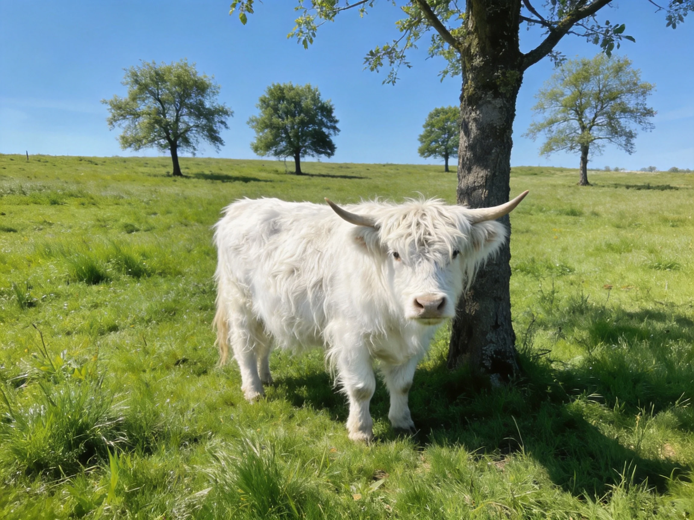 A fluffy white Highland cow stands near a tree in a lush green meadow