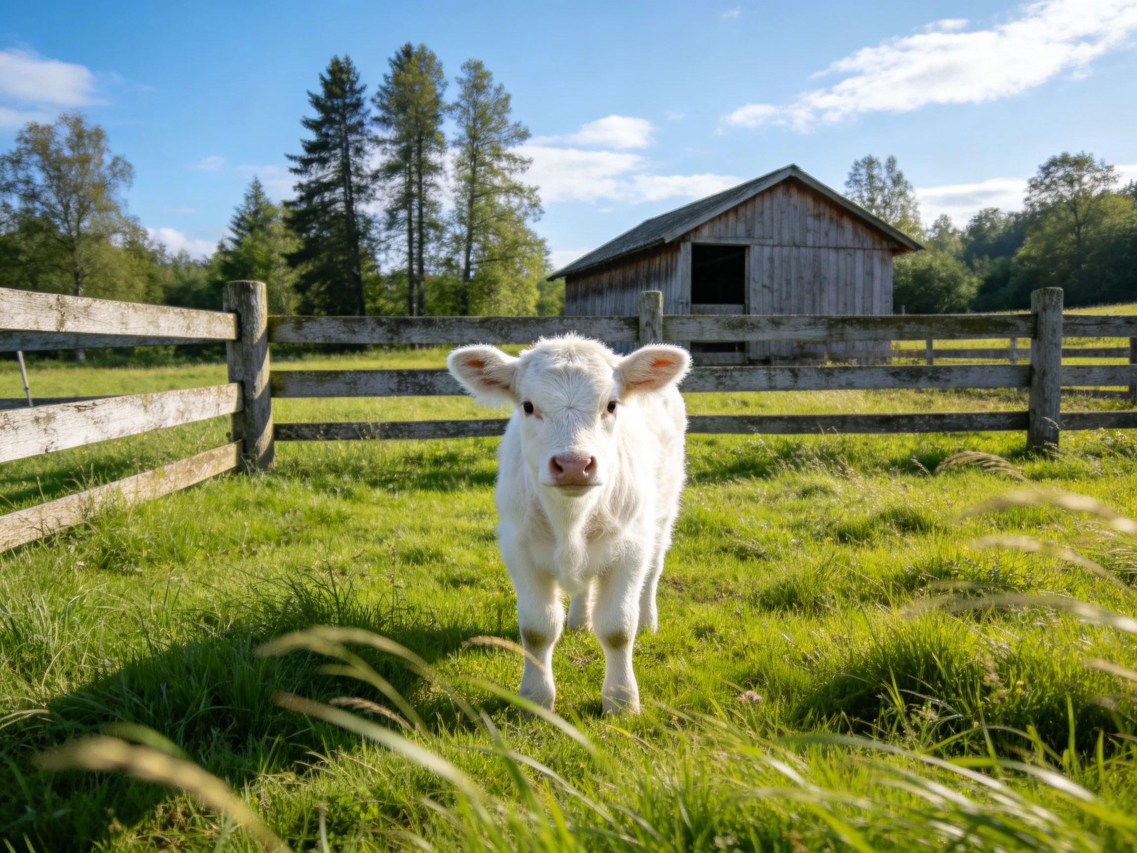 A fluffy white calf in a lush green pasture near an old wooden barn