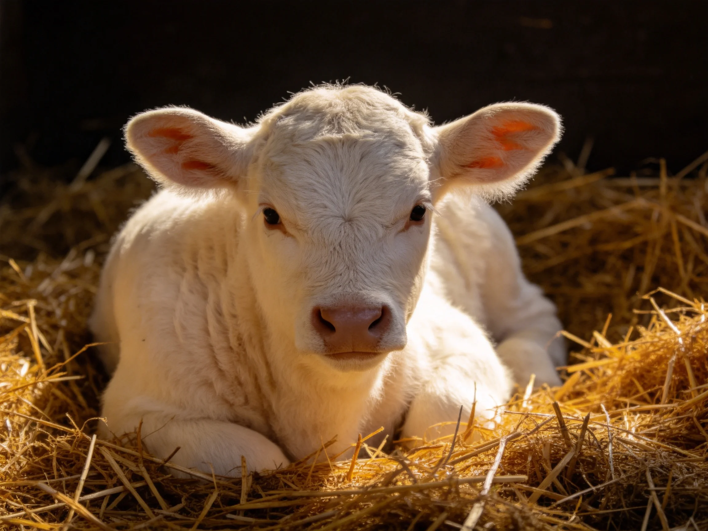 A fluffy white calf resting on golden straw in a dimly lit barn