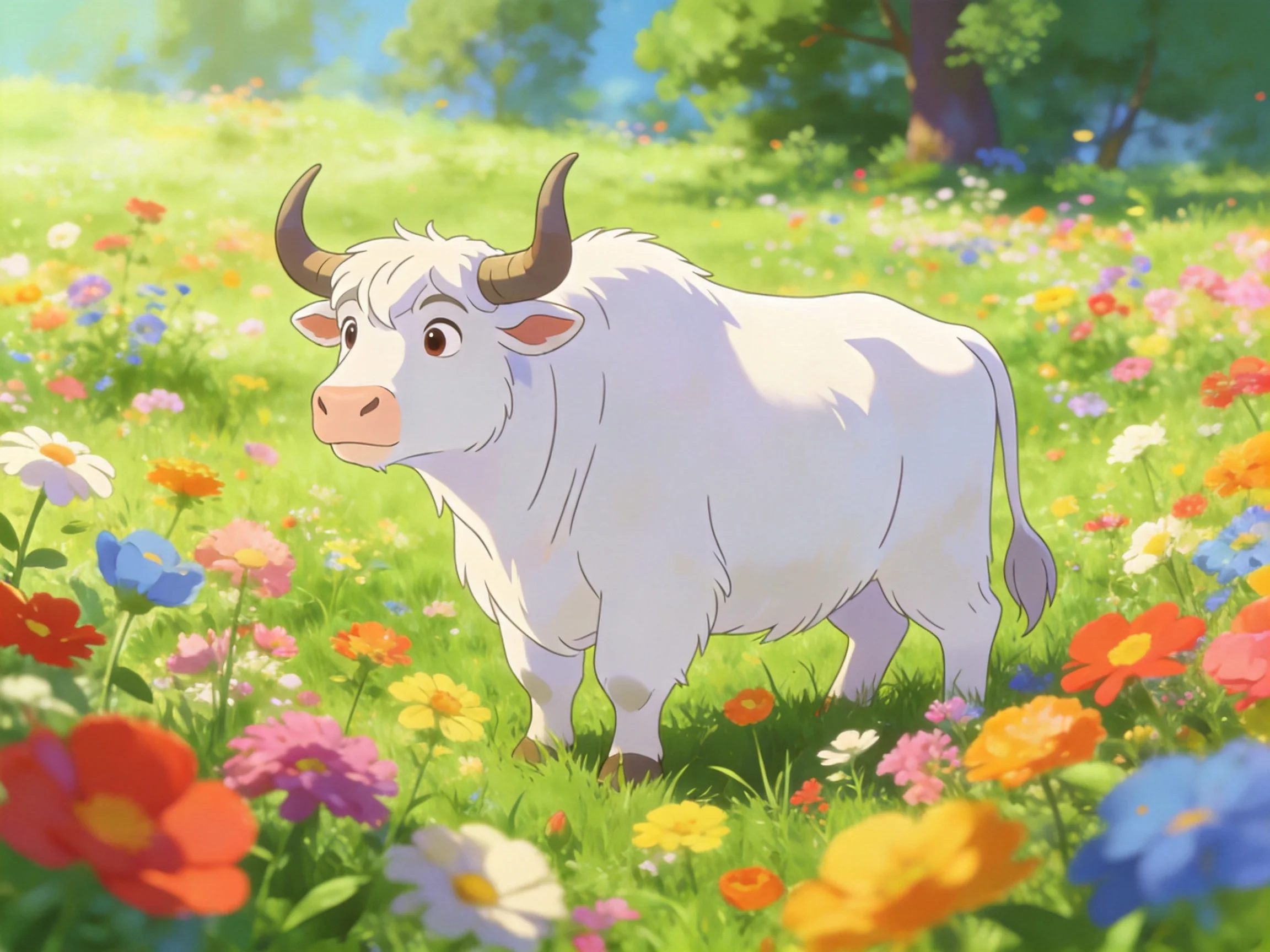 A fluffy white cow amid colorful wildflowers in a sunlit meadow