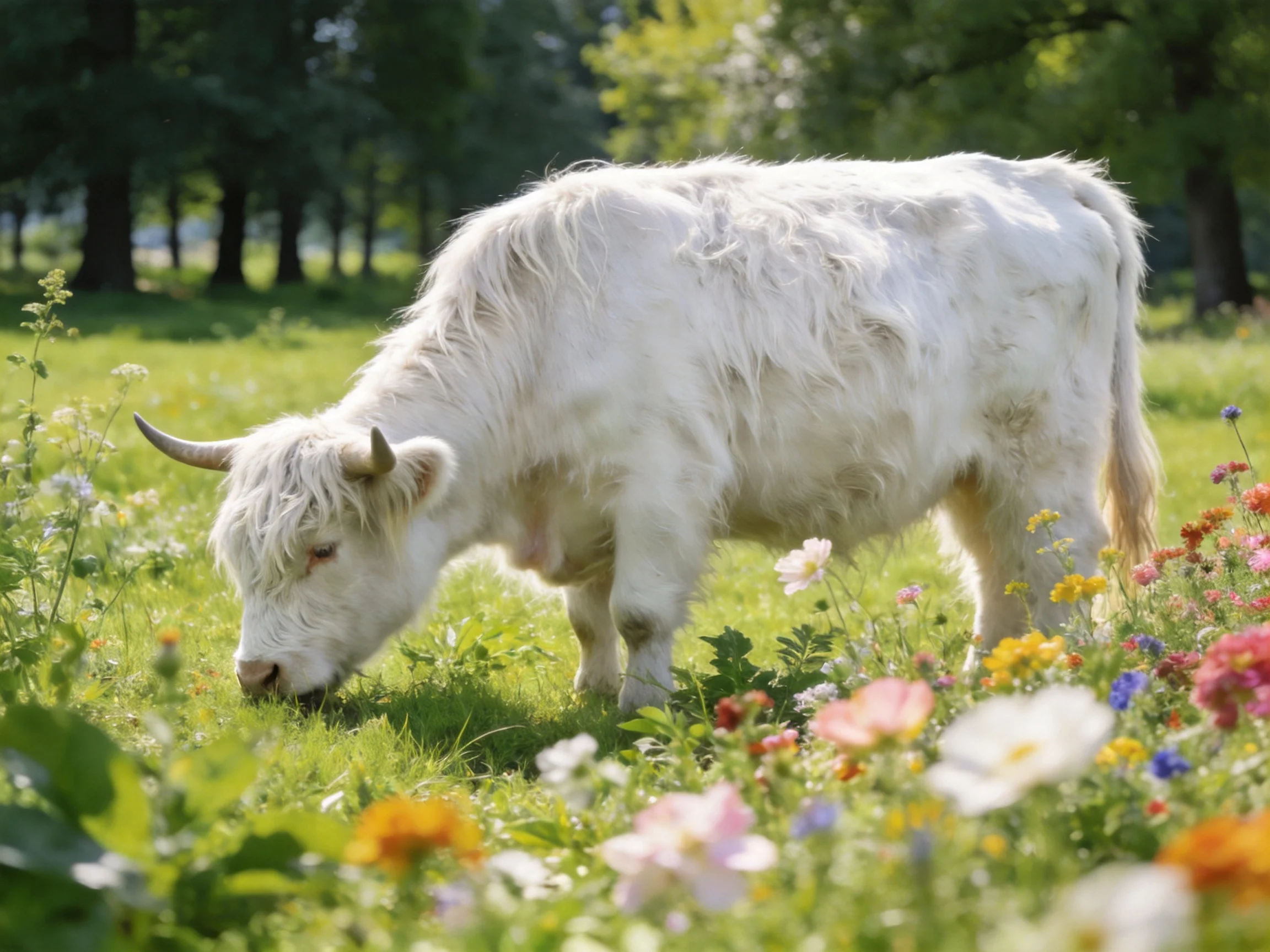A fluffy white cow grazing amid colorful wildflowers in a sunlit meadow