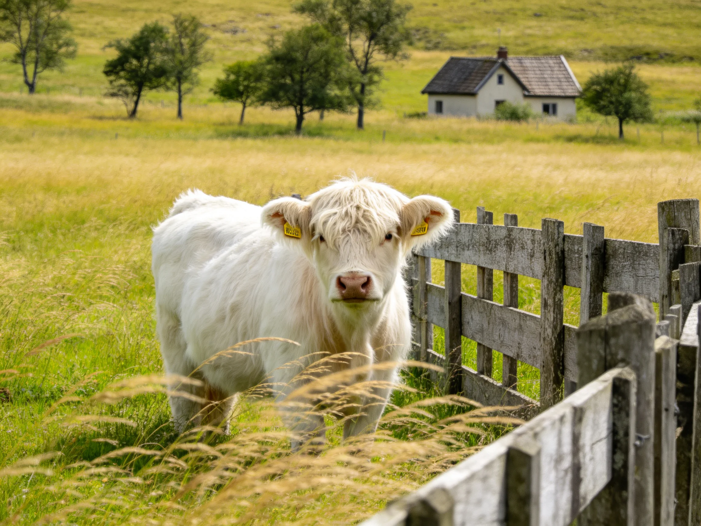A fluffy white cow near a weathered wooden fence in a green pasture