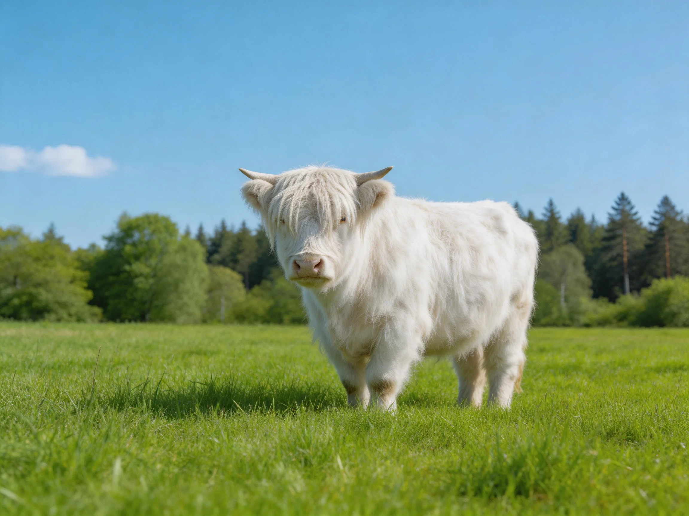 A fluffy white cow stands in a sunlit green meadow near forested trees.