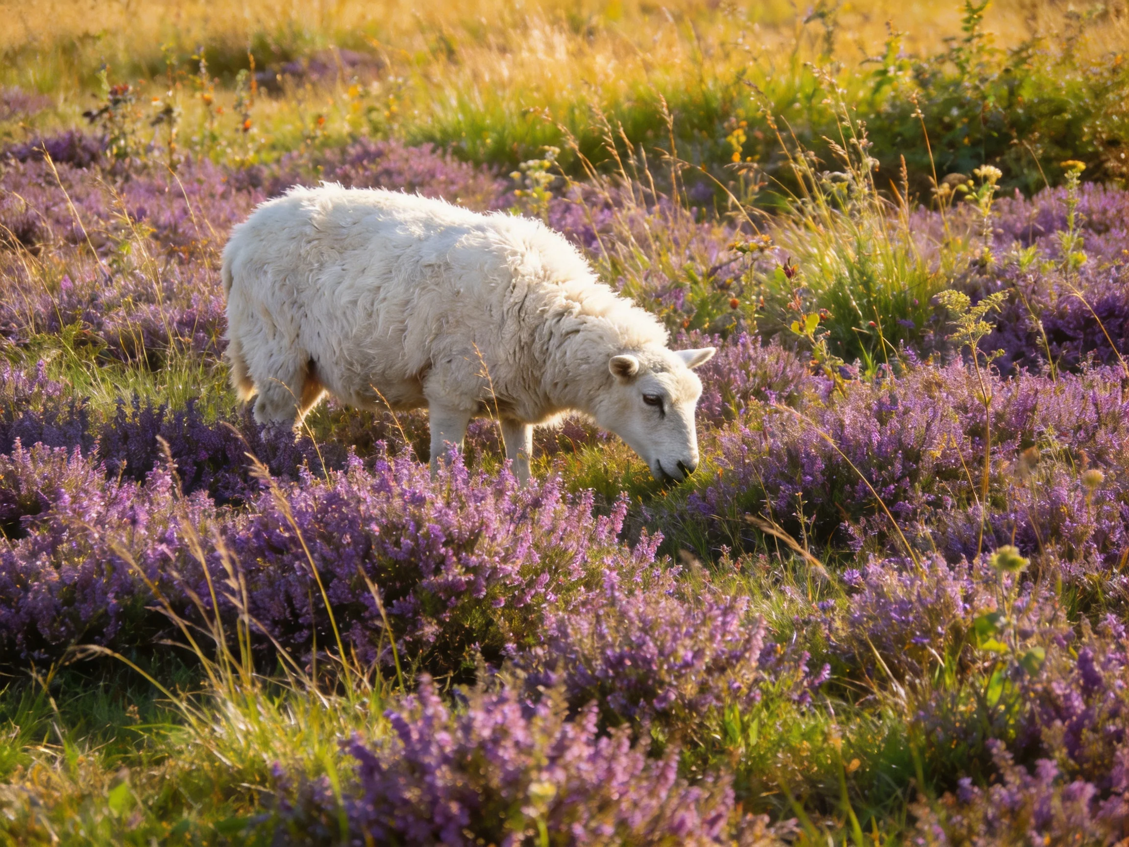 A lamb grazes in a field of purple flowering plants