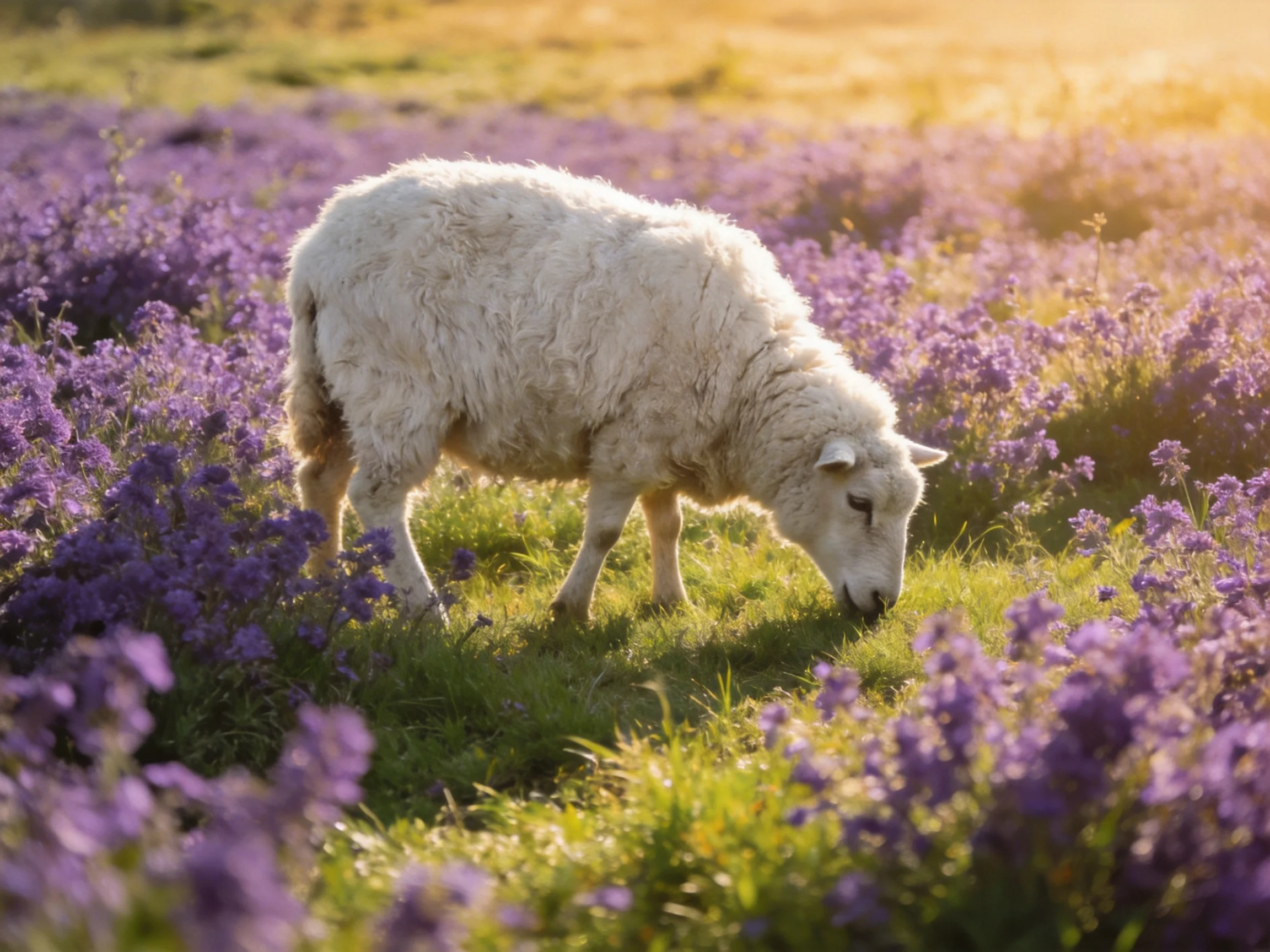 A fluffy white lamb grazing in a vibrant purple flower-filled meadow