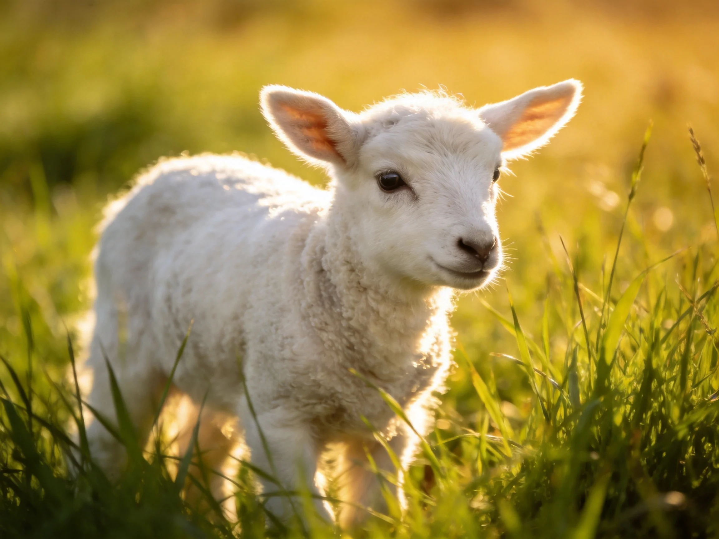 A fluffy white lamb in sunlit grassy field