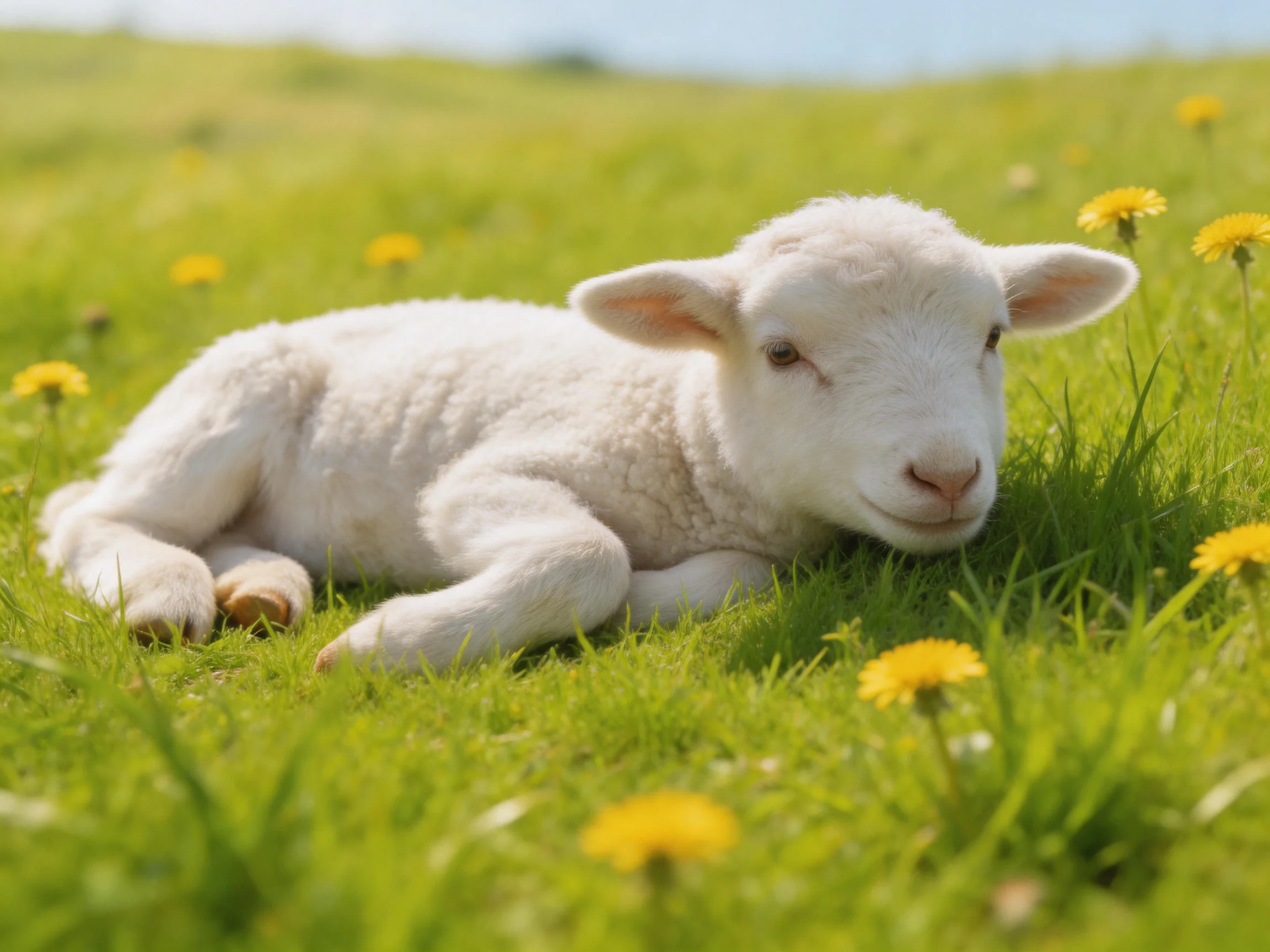 A fluffy white lamb rests amid lush green grass and bright yellow dandelions