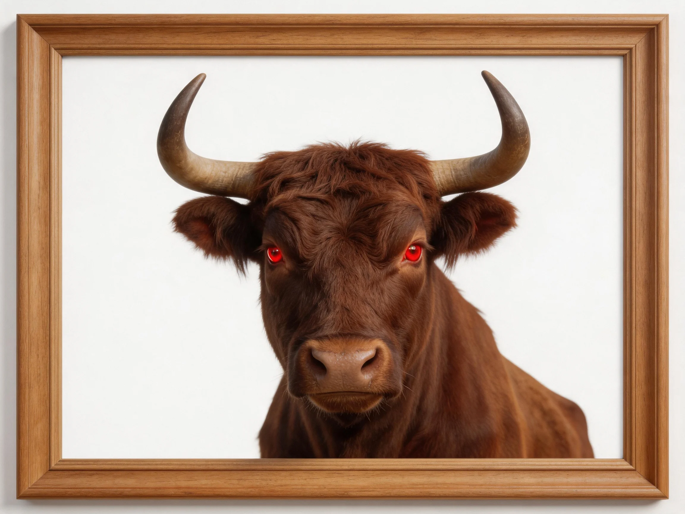 A framed portrait of a brown Highland cow with striking red eyes