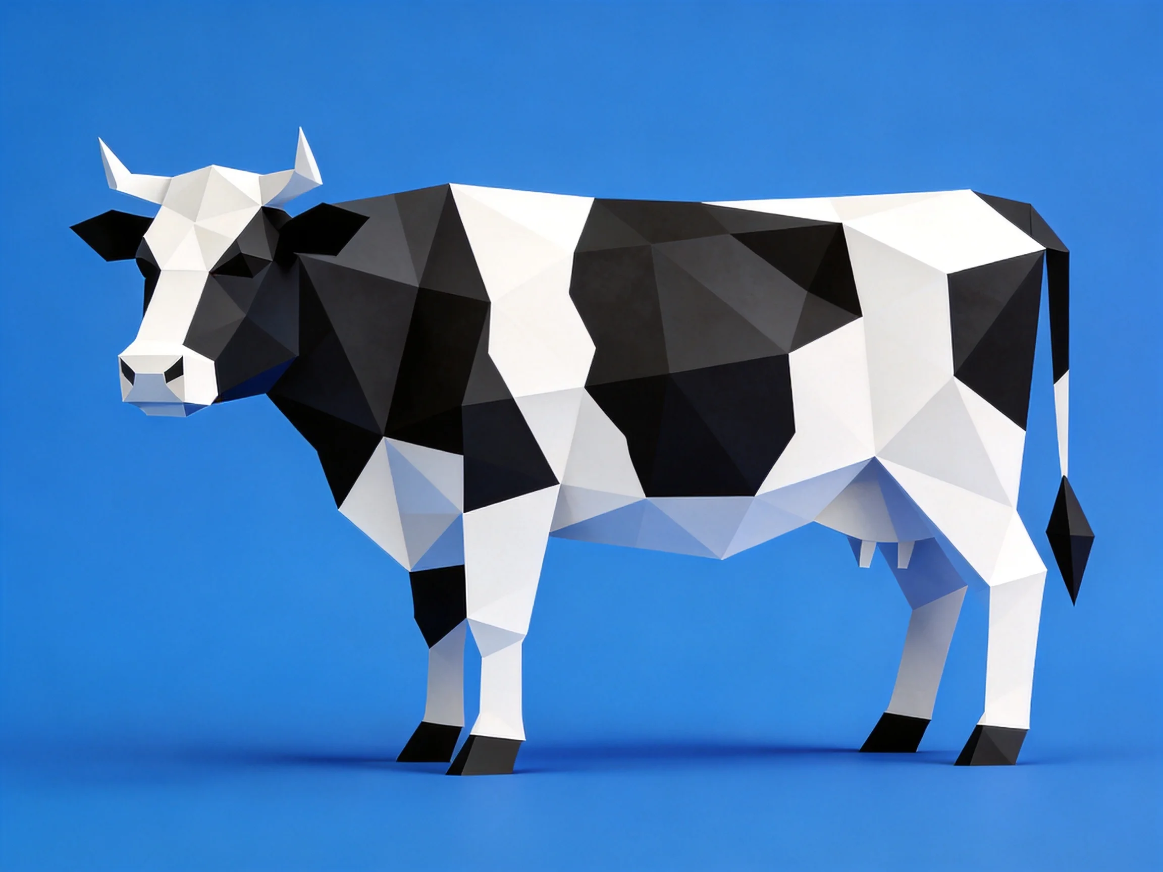 A geometric black and white low-poly cow on a solid blue background