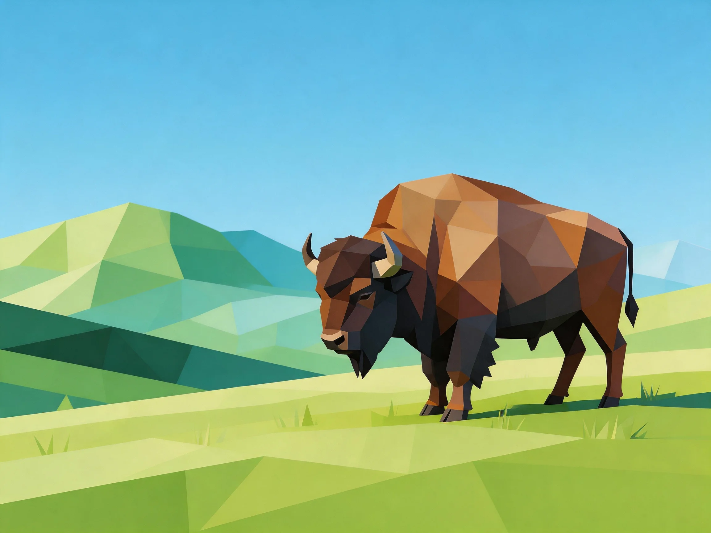 A geometric brown bison stands amid stylized green mountain ranges under clear blue sky