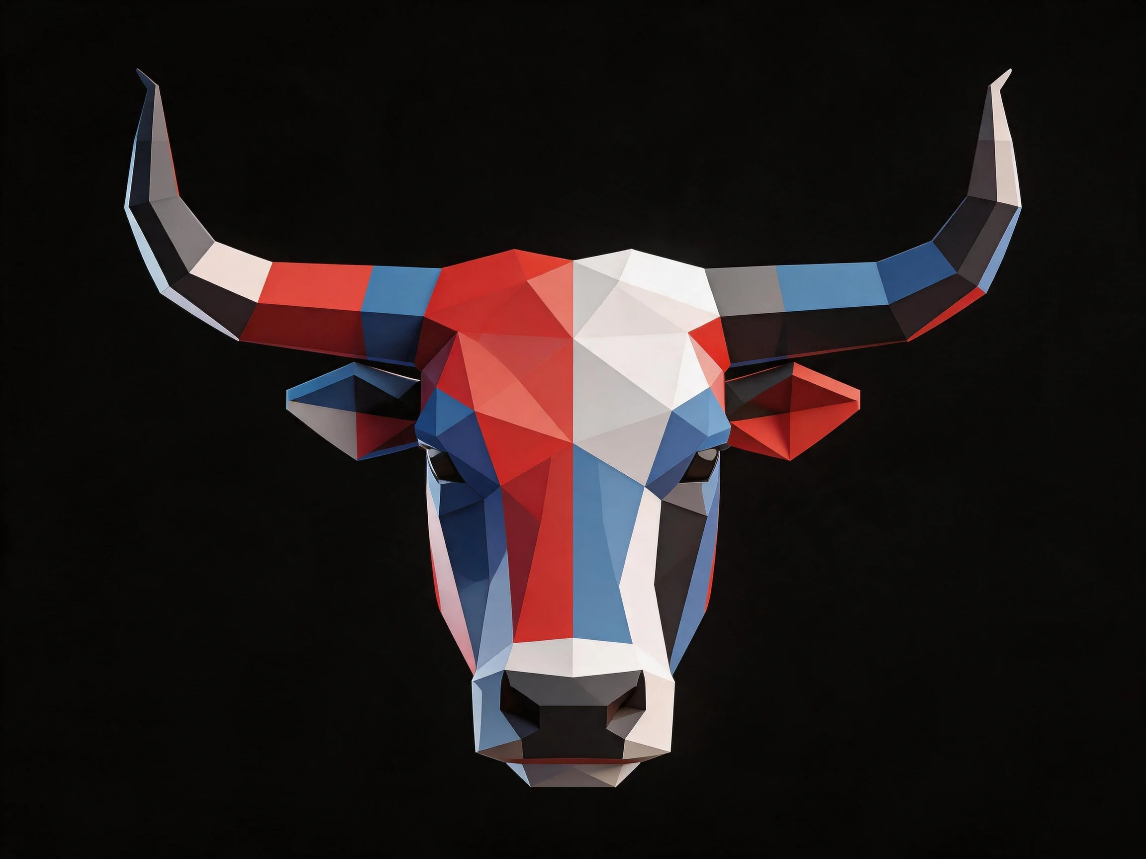 A geometrically stylized bull head with red, blue, and white polygonal sections on a black background