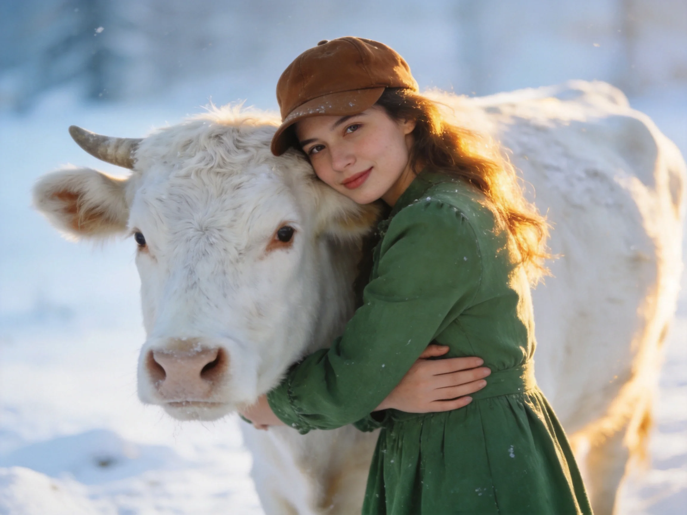 A girl in a green dress hugs a large white cow in a snowy landscape