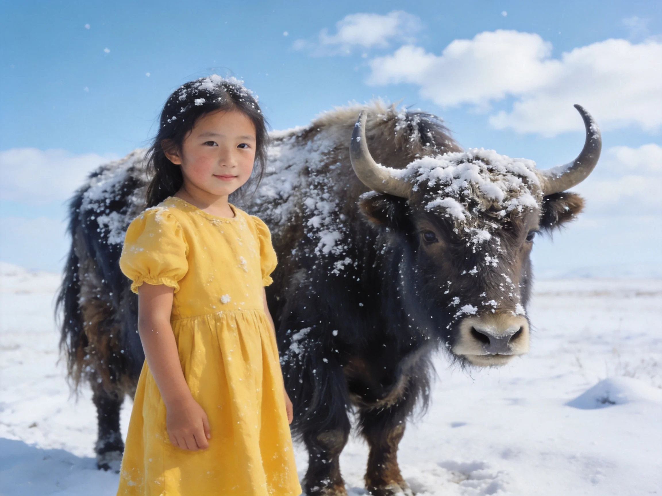 A girl in a yellow dress beside a snow-covered yak on a bright winter plain