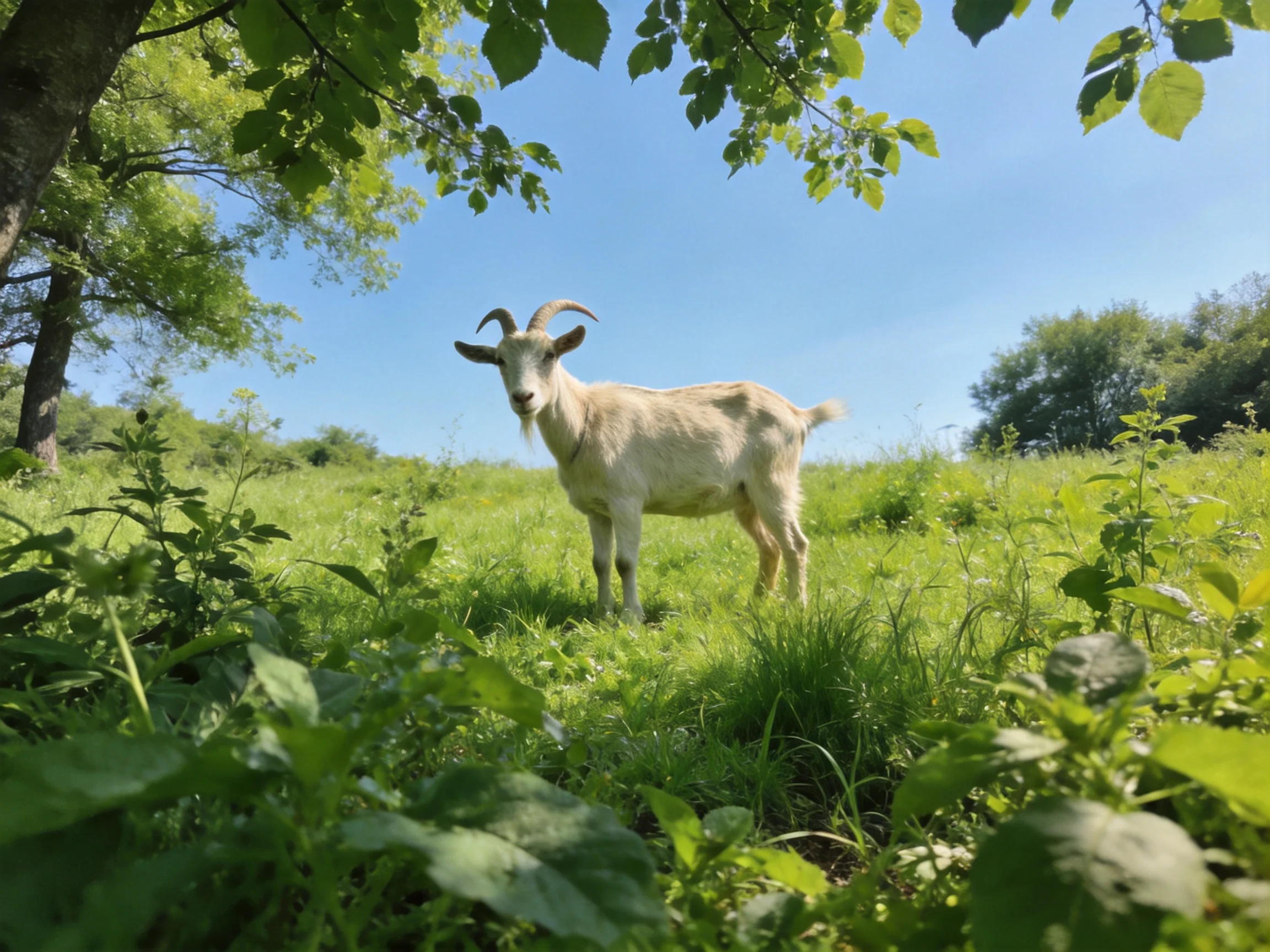 A goat in a sunlit meadow with vibrant greenery