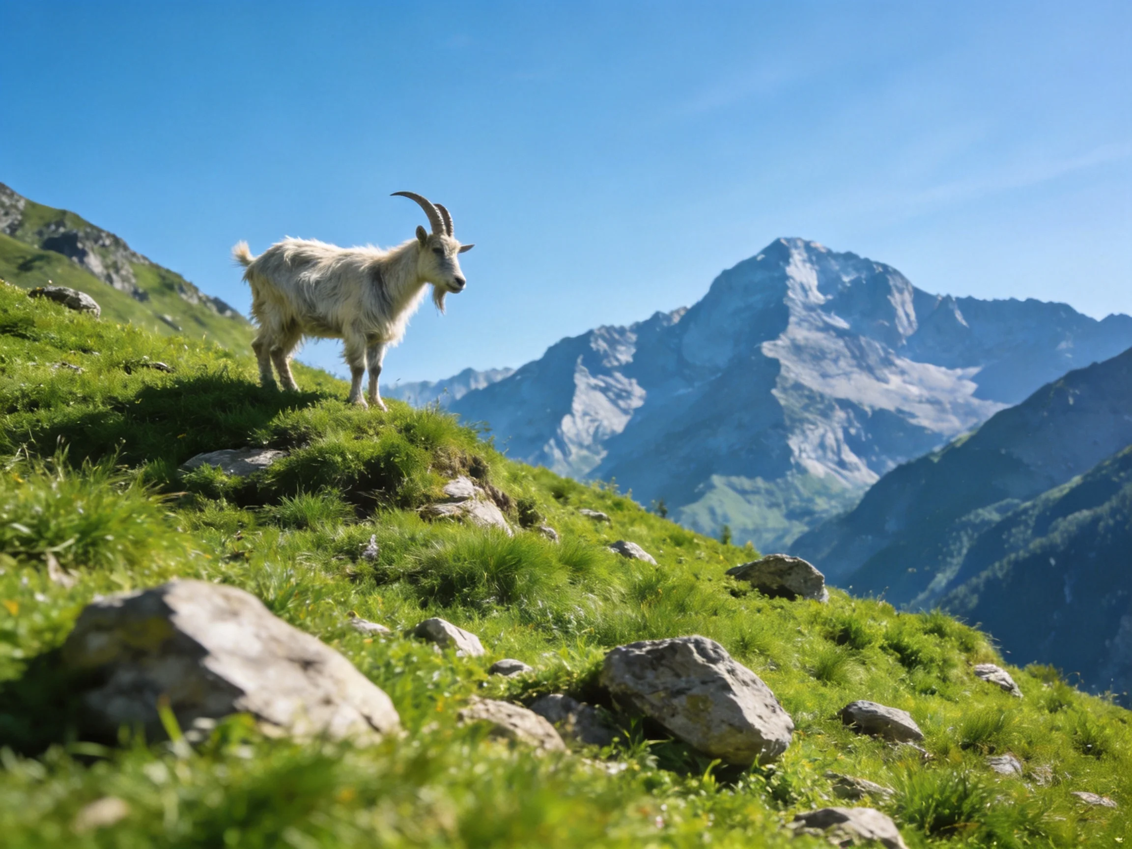 A goat stands on a lush green hillside beside towering mountains