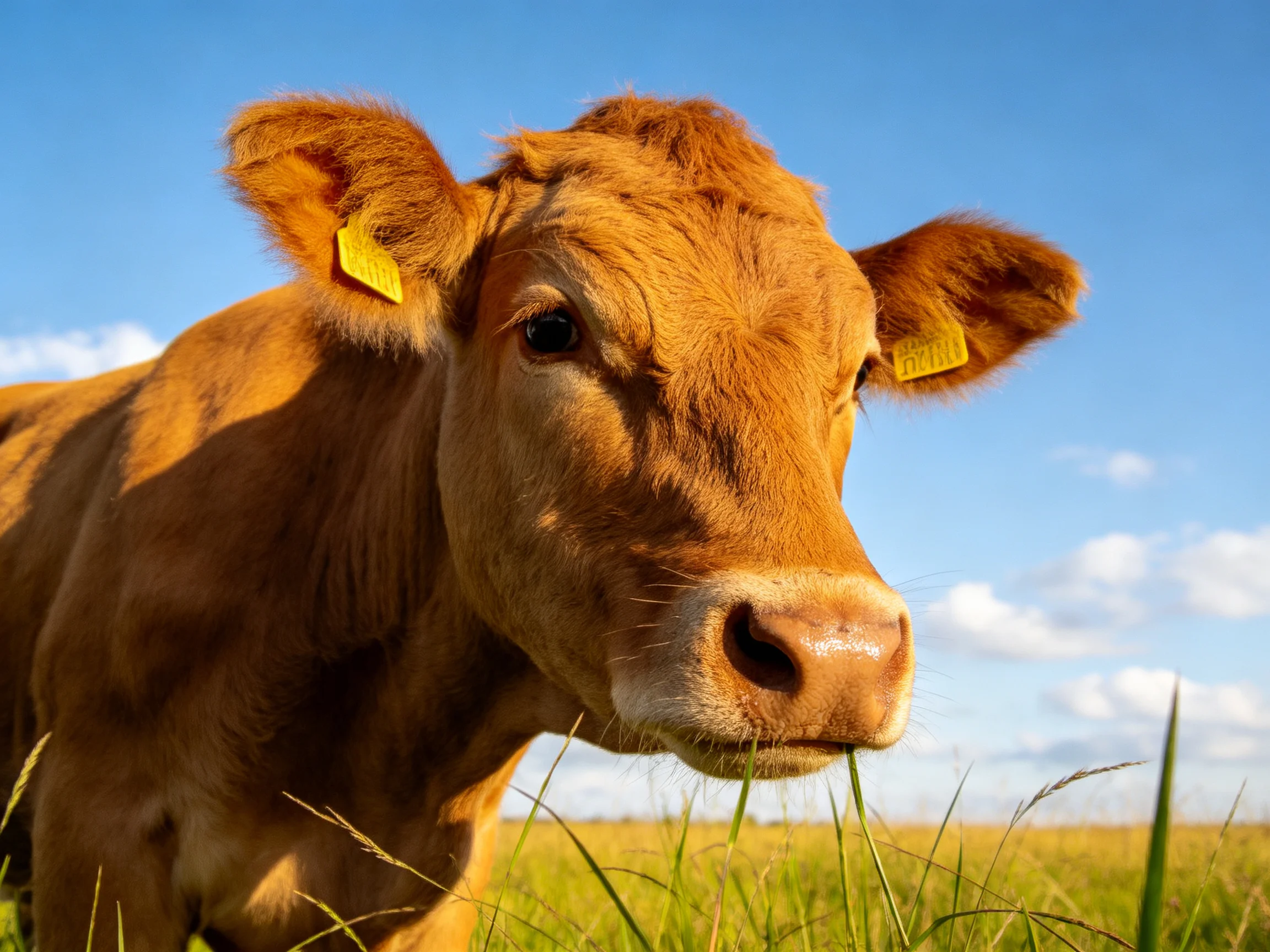 A golden-brown calf with yellow ear tags grazing in a sunlit pasture