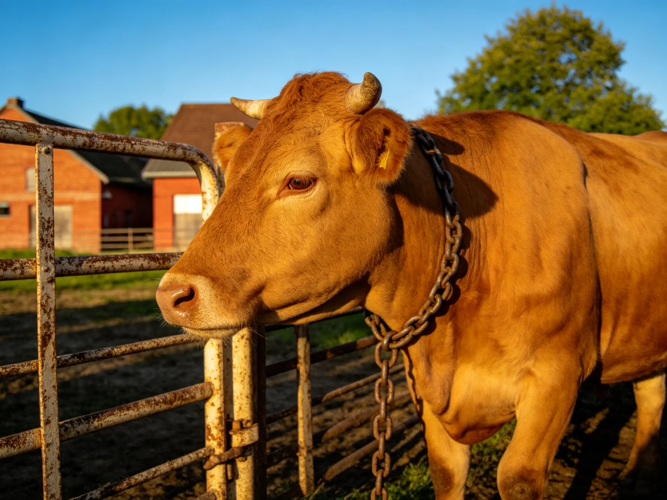 A golden-brown cow chained to a rusted metal fence by farm buildings