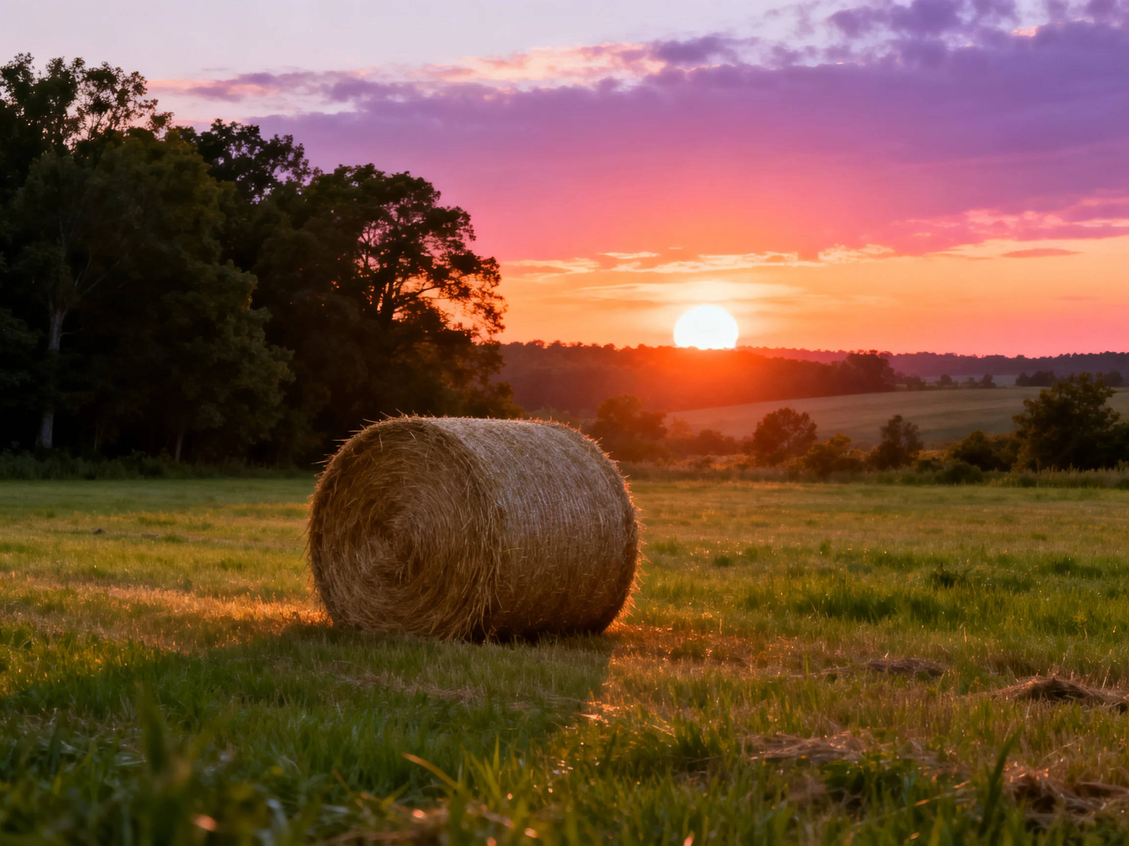 A golden hay bale rests in a green field under a vivid sunset sky