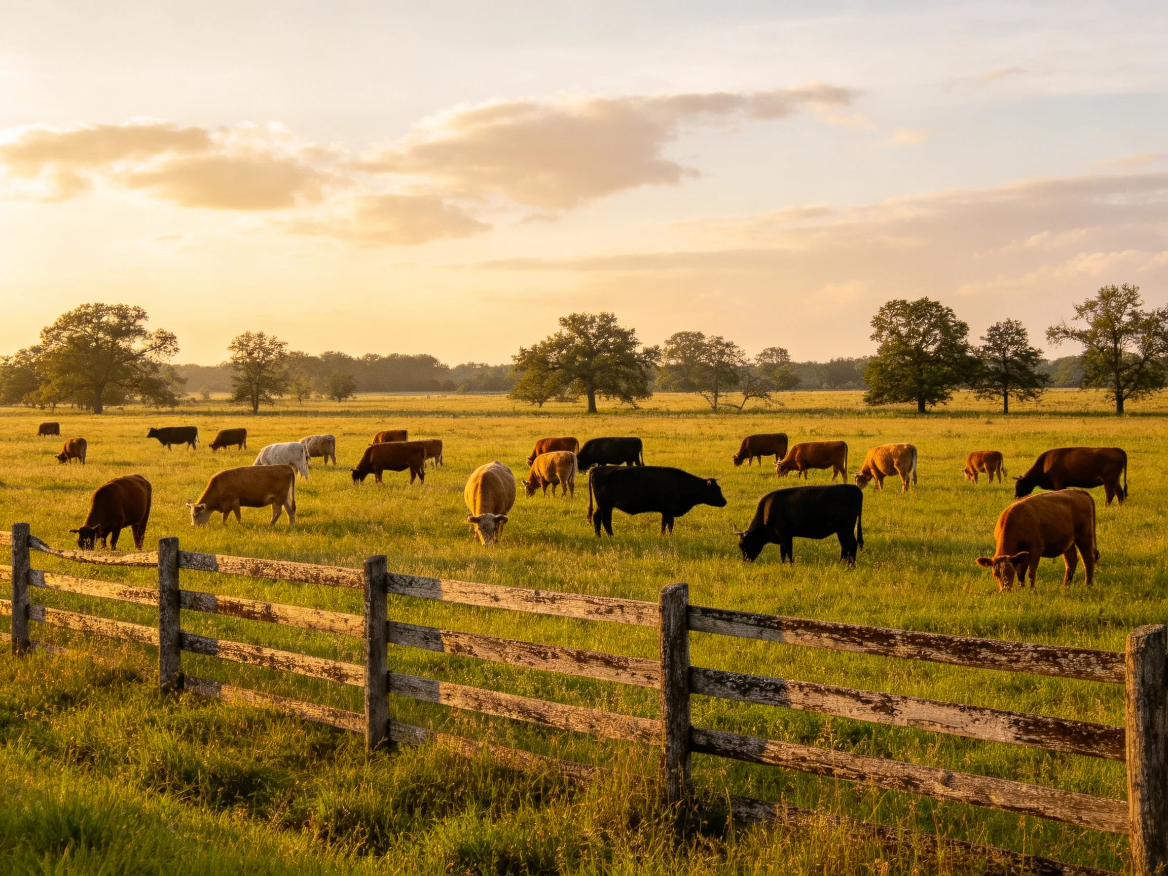 A golden-hued pasture with diverse cattle and scattered trees