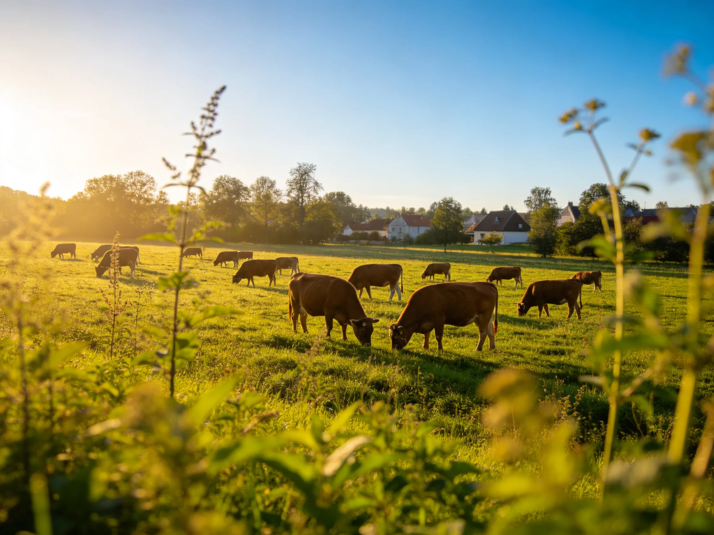 A golden-lit pasture with brown cattle grazing near white houses