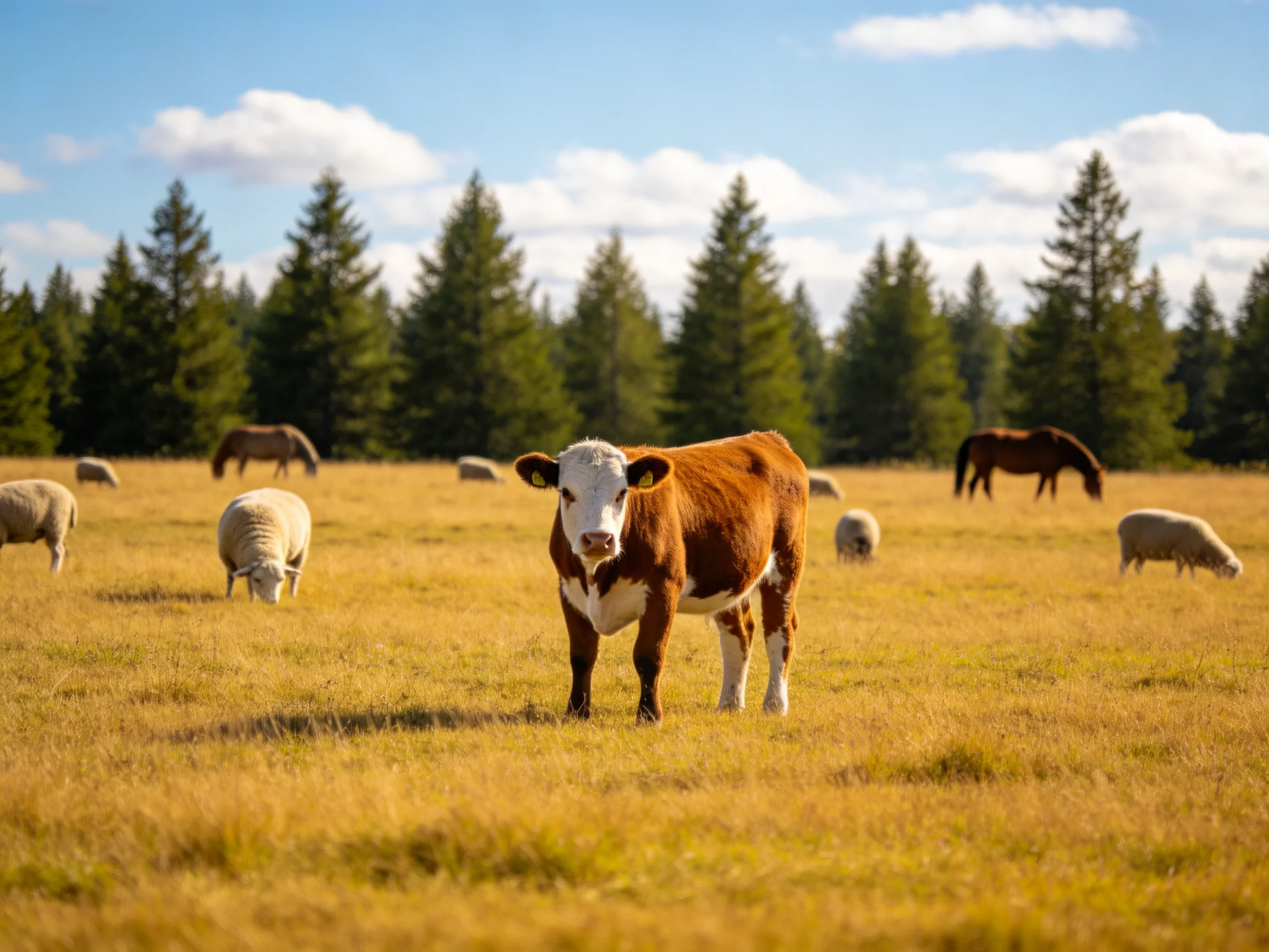 A golden pasture with brown cow, white sheep, and horses near evergreen trees