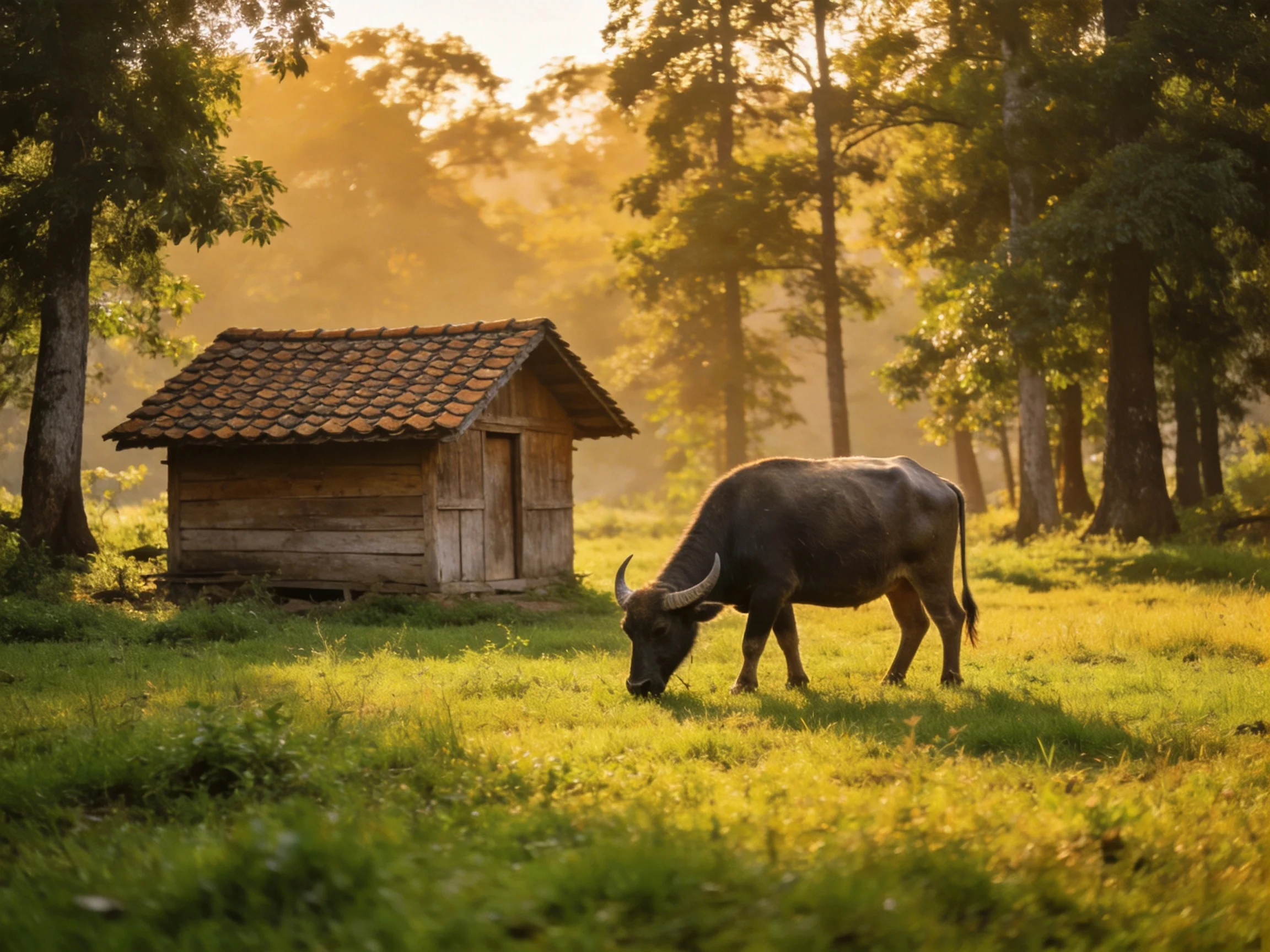 A gray buffalo grazes by a weathered wooden shed in a sun-drenched forest clearing