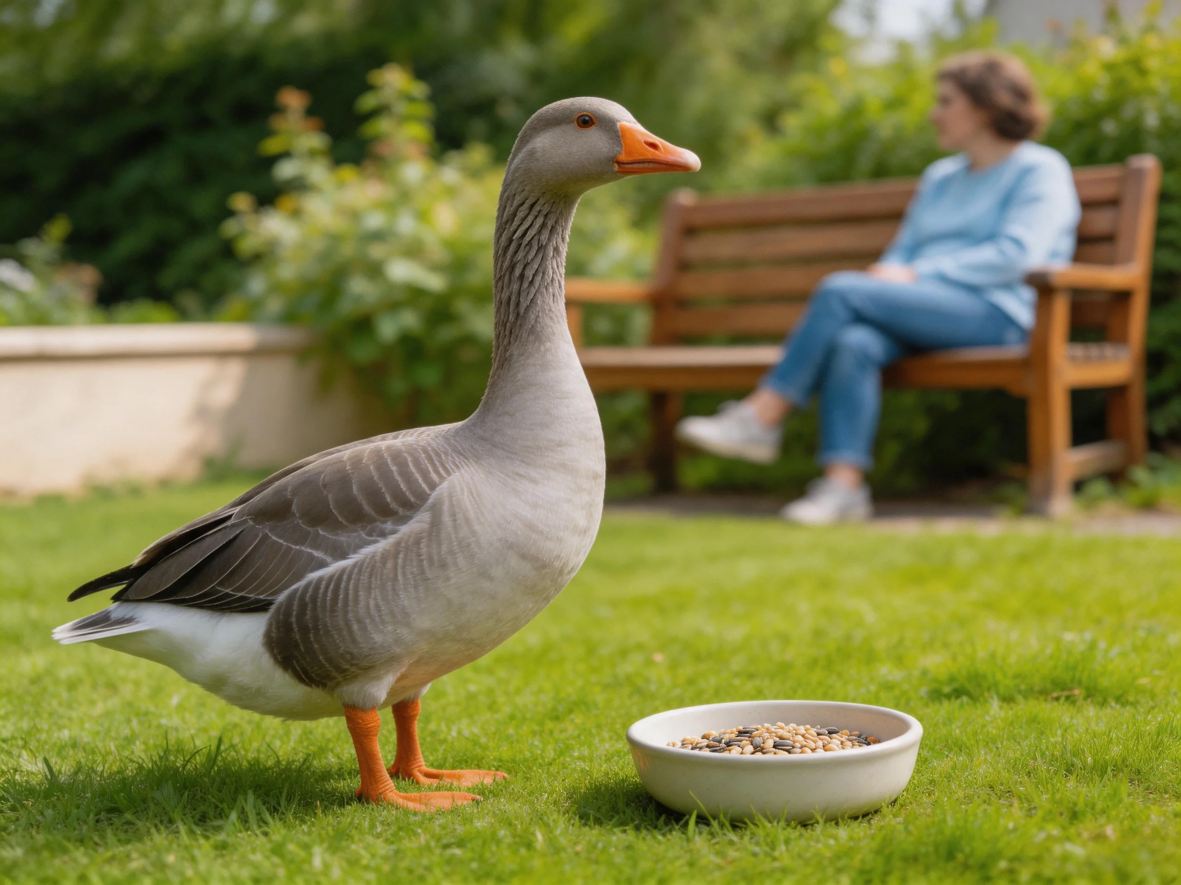 A gray goose stands by a seed bowl near a seated woman