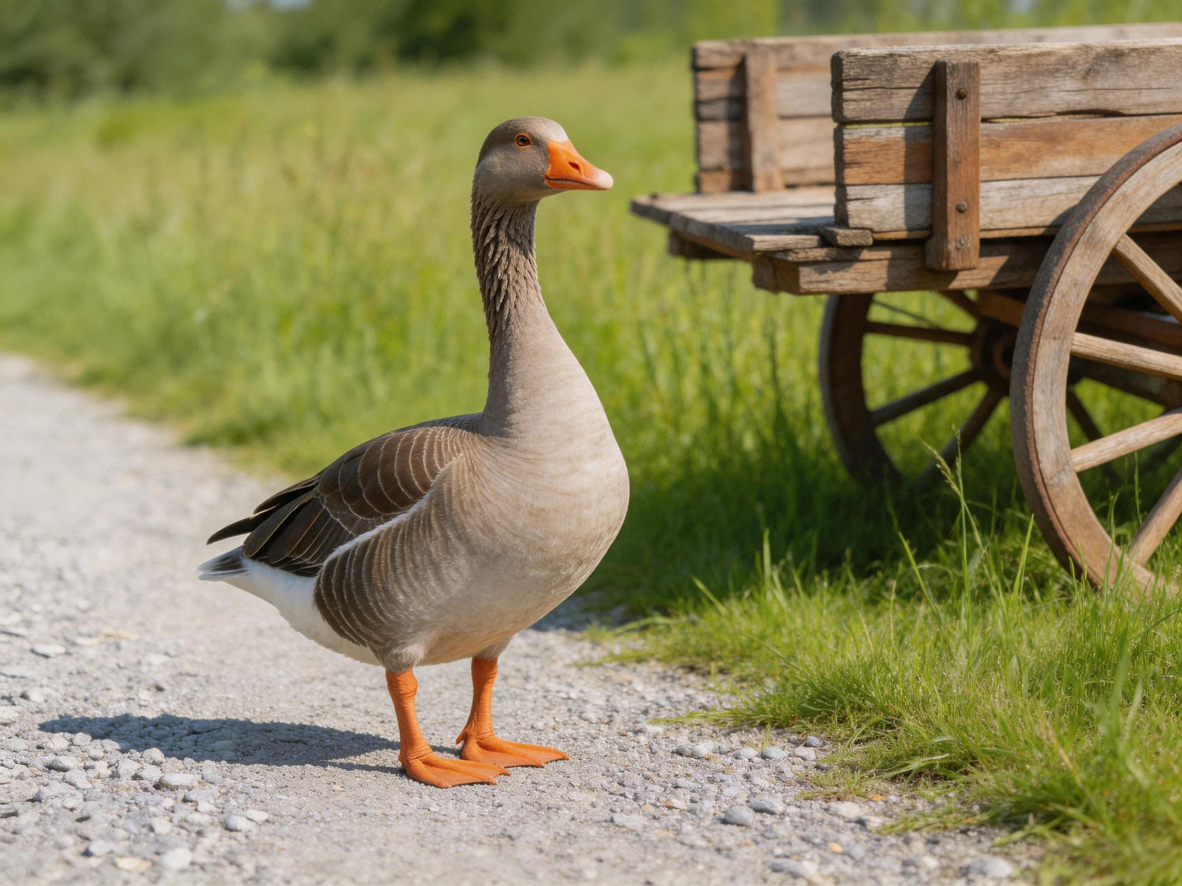 A gray goose stands near an old wooden cart on a gravel path