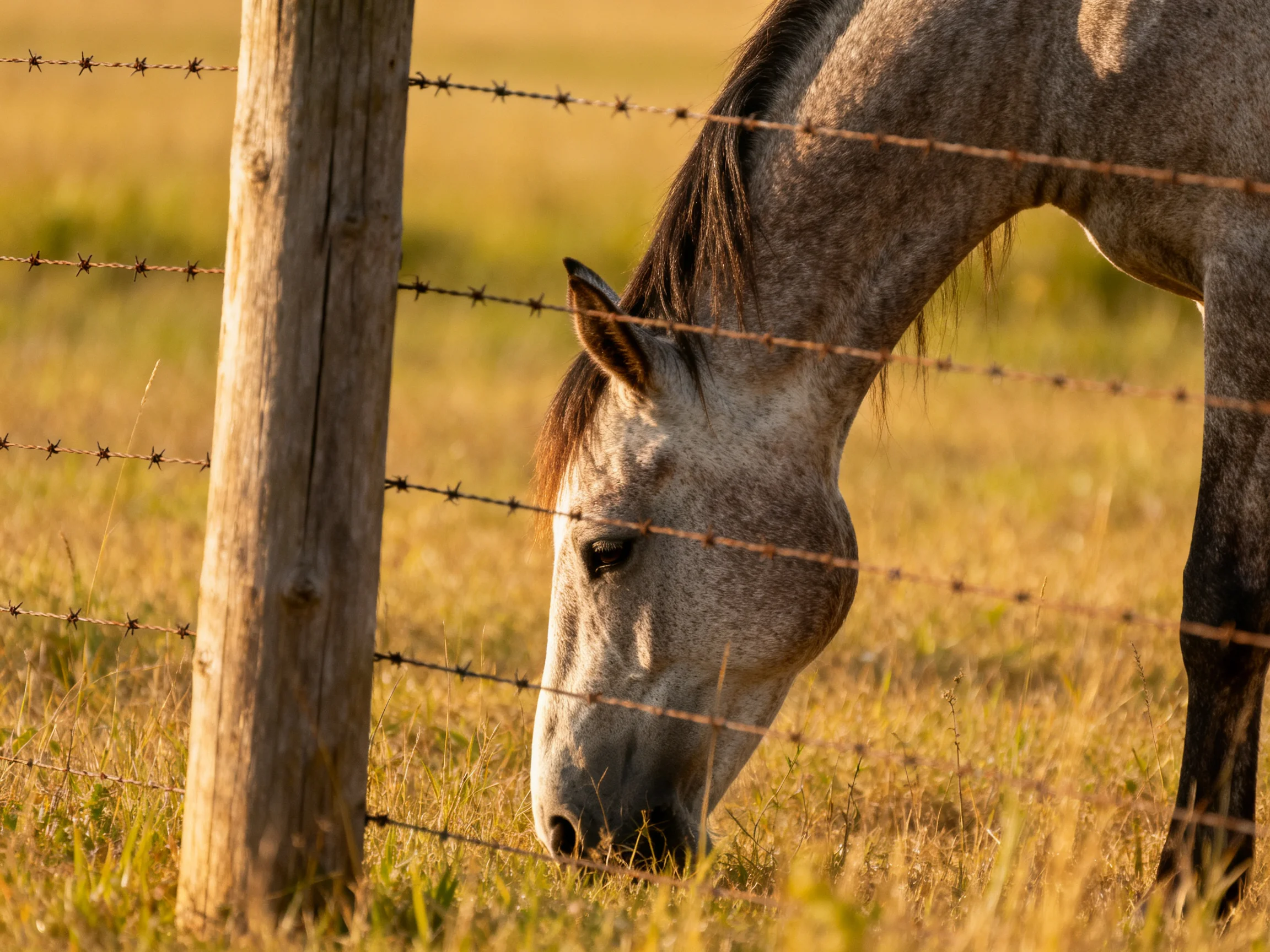 A gray horse grazes close to a barbed-wire fence in a sunlit field.