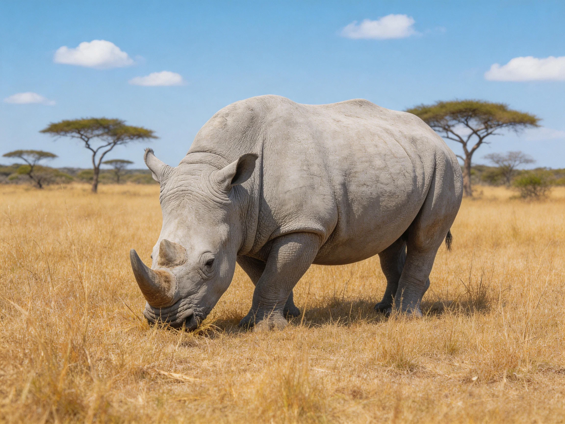 A gray rhinoceros grazing in golden savannah