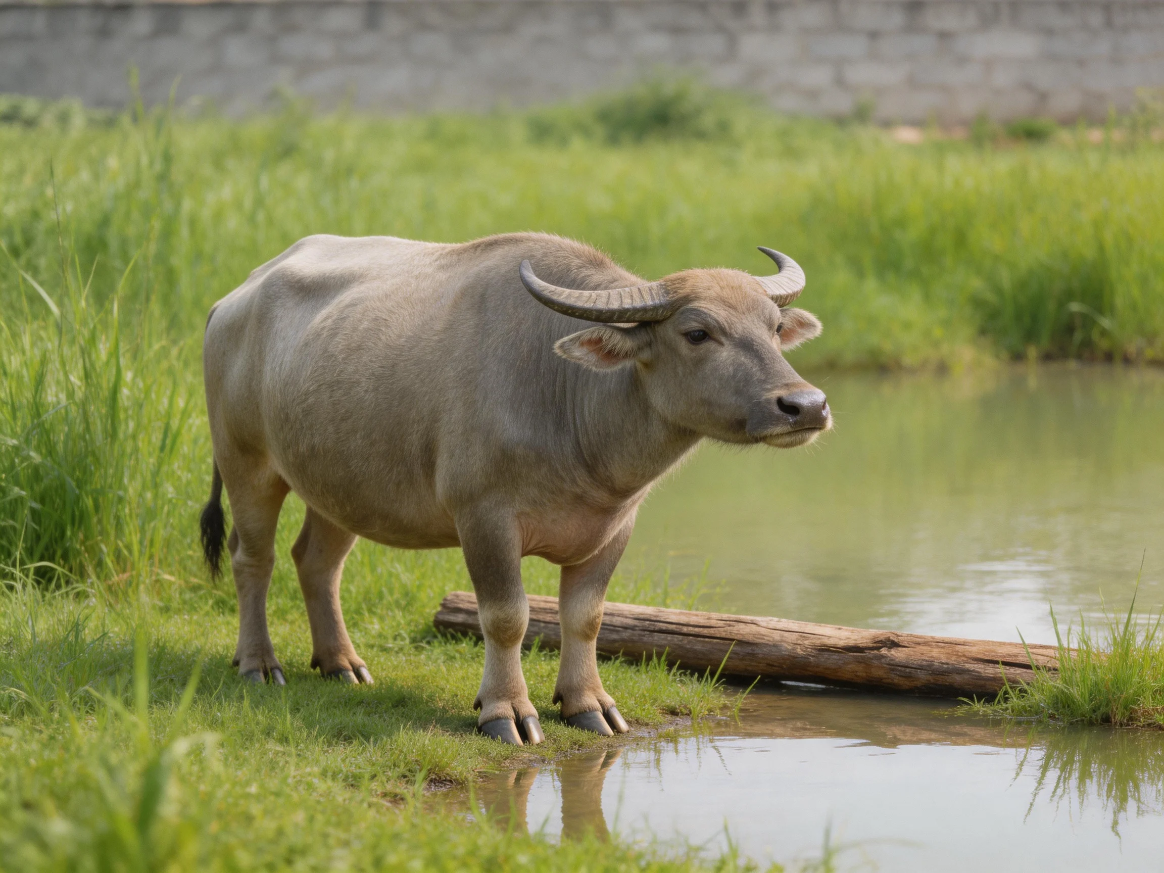 A gray water buffalo stands by a calm pond with lush greenery