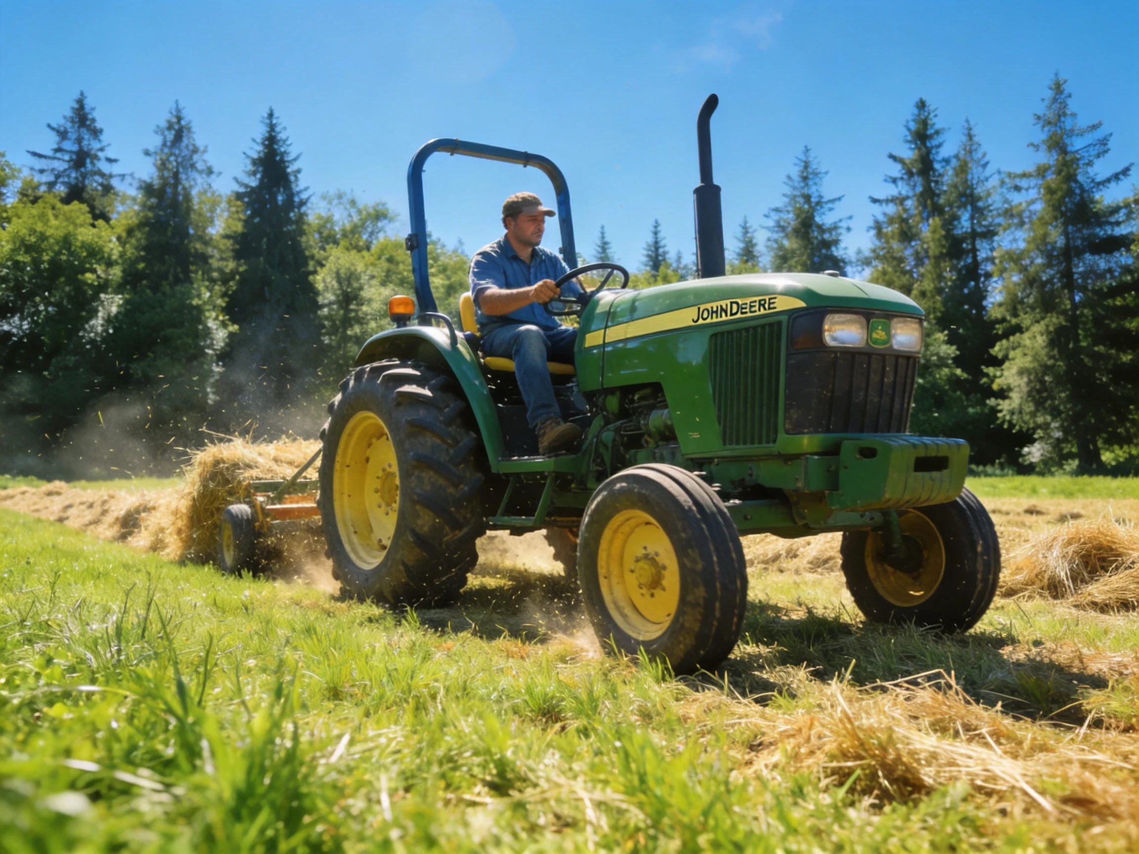 A green John Deere tractor harvesting hay in a sunlit open field