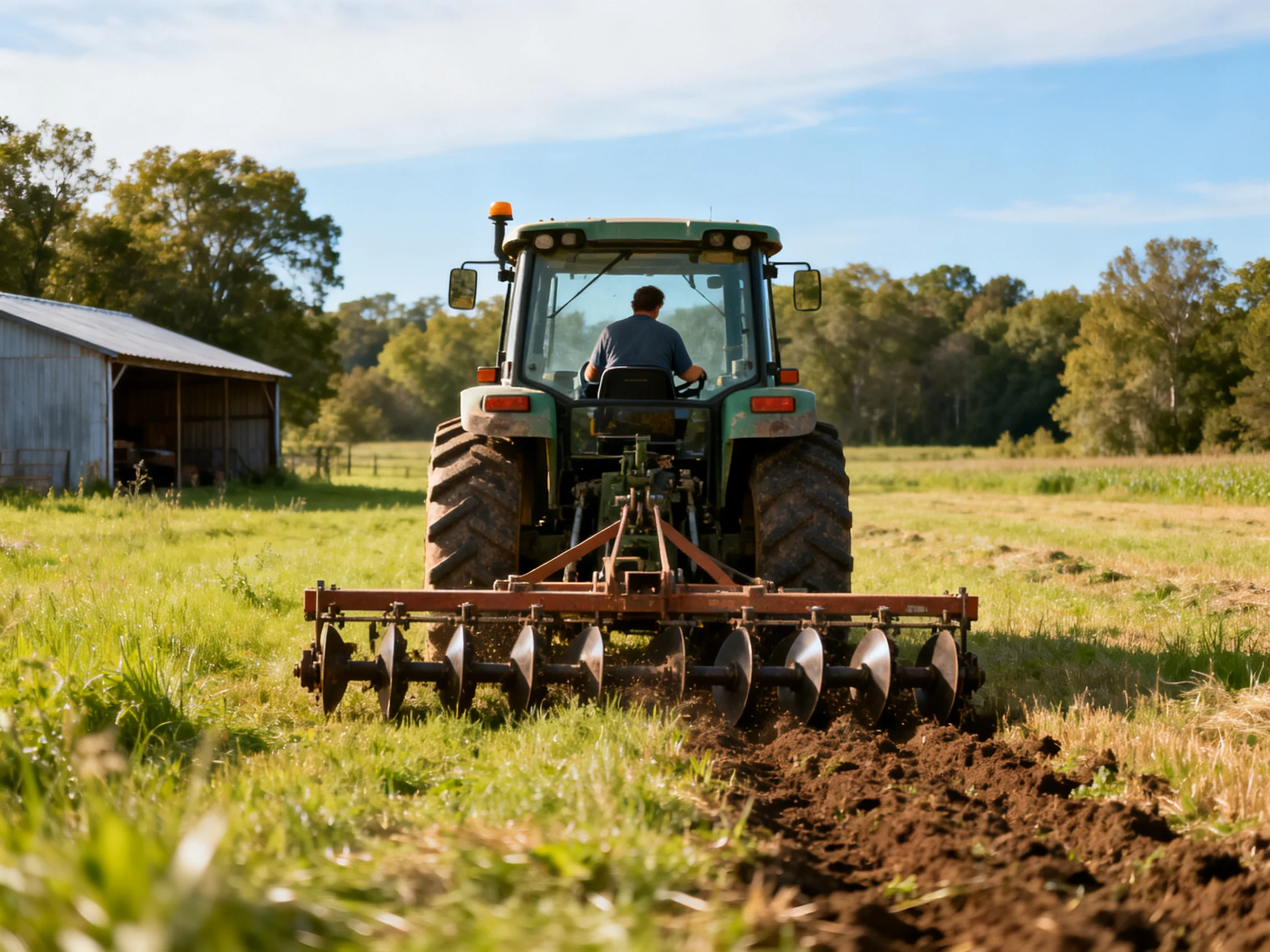 A green tractor plows a sunlit farm field near a wooden shed