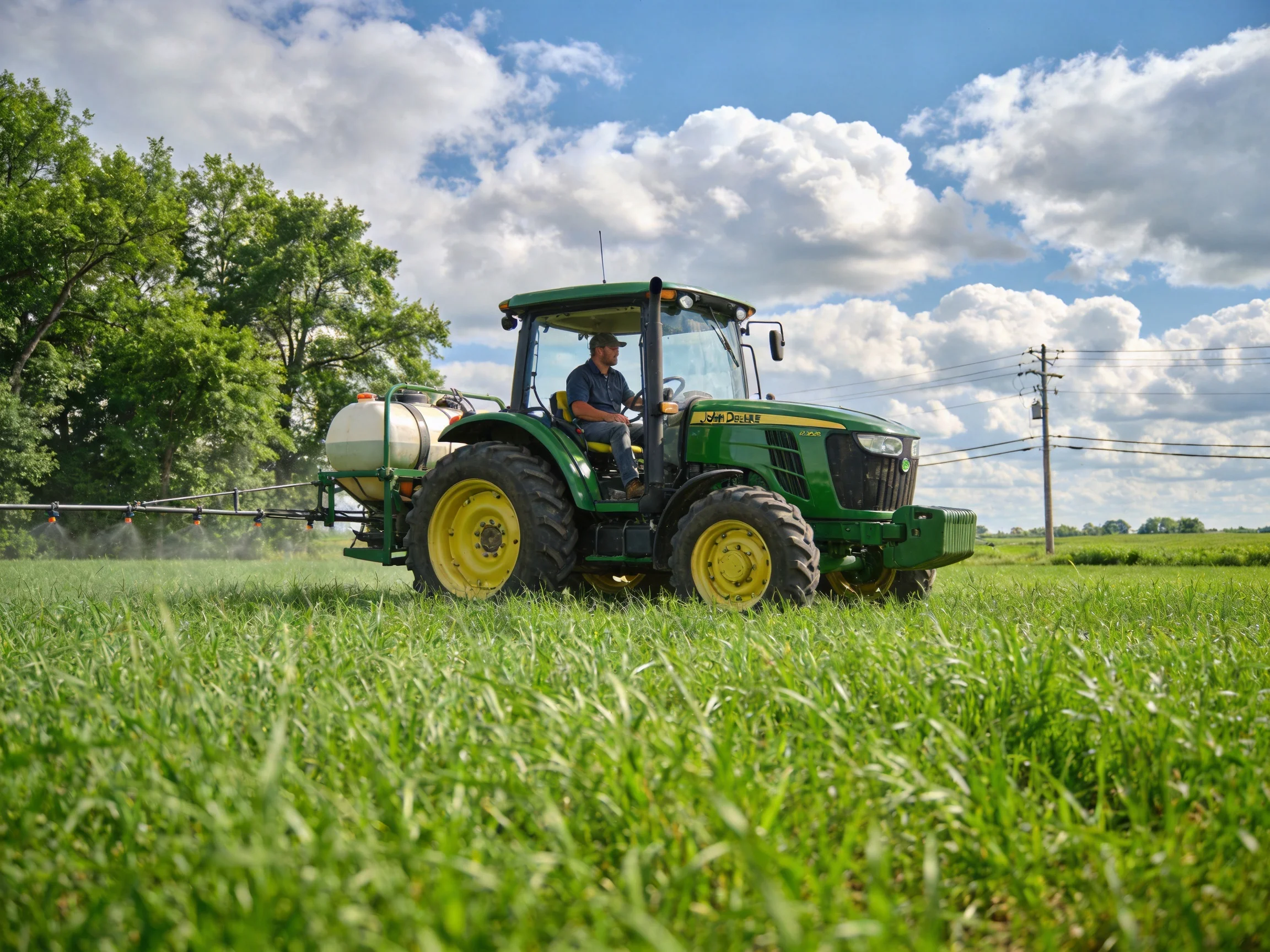 A green tractor sprays treatments over a verdant field