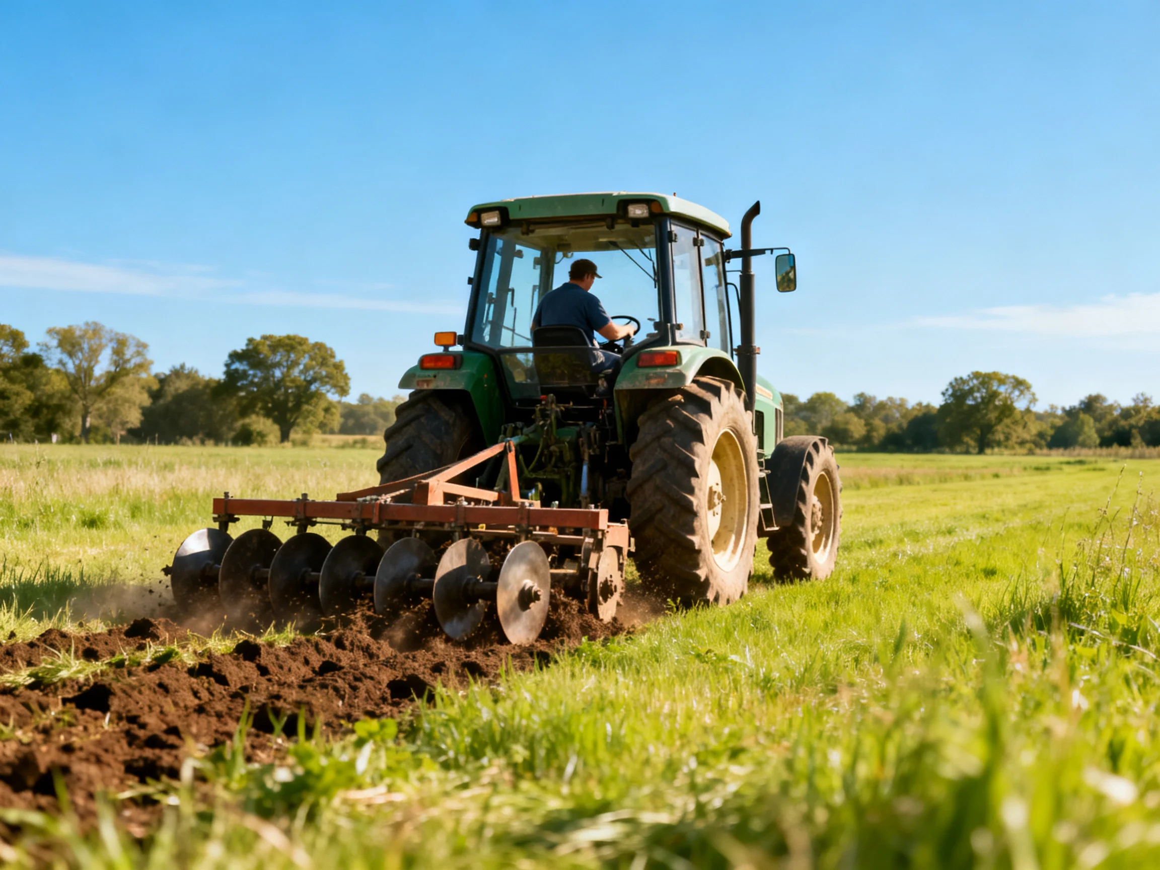 A green tractor with large wheels tills a lush field under clear blue sky