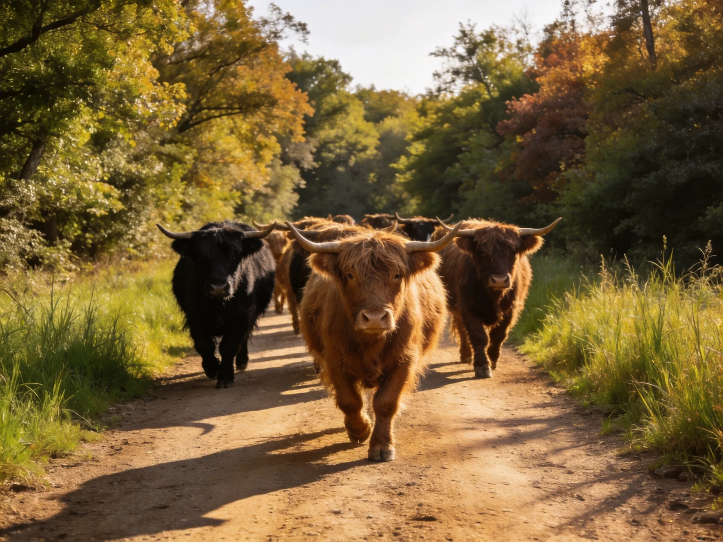 A group of Highland cattle walks down a sunlit dirt path flanked by tall grass and trees.
