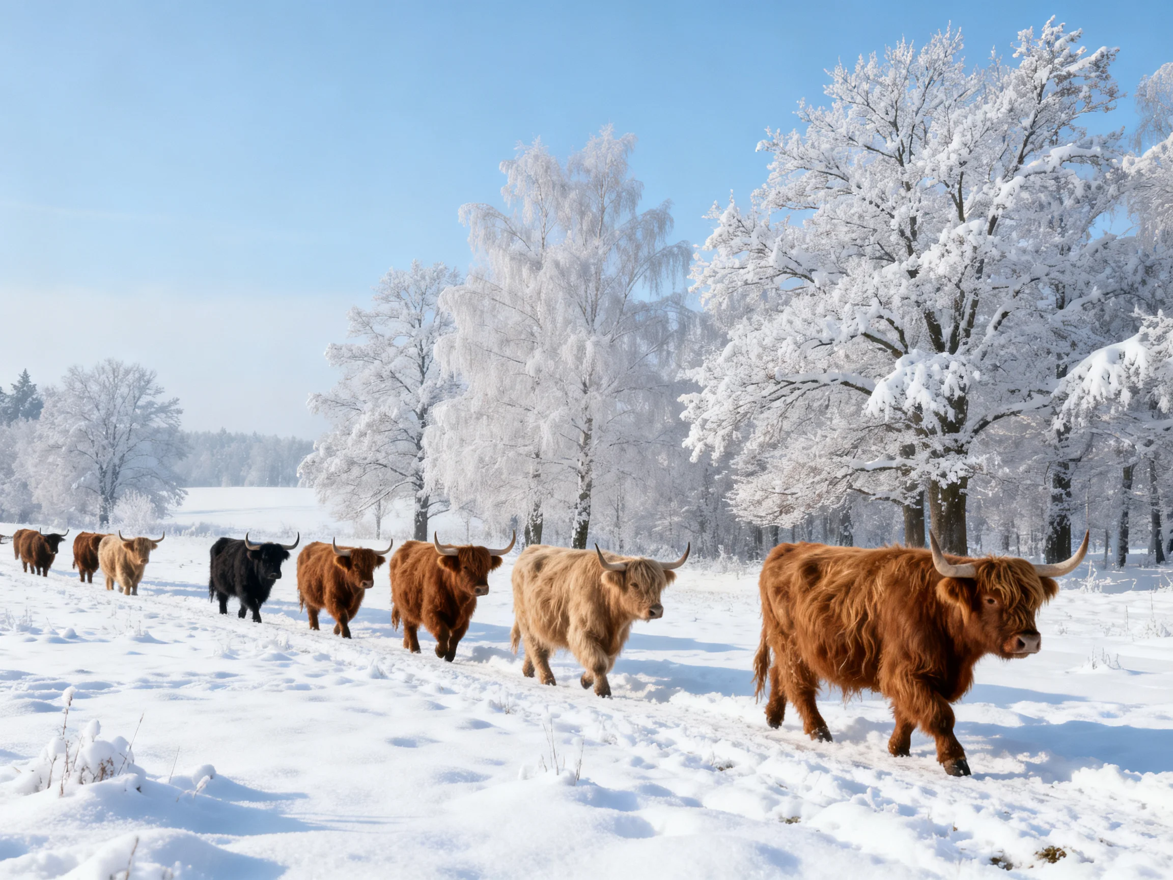 A group of Highland cattle roams a snow-draped field with frosty trees