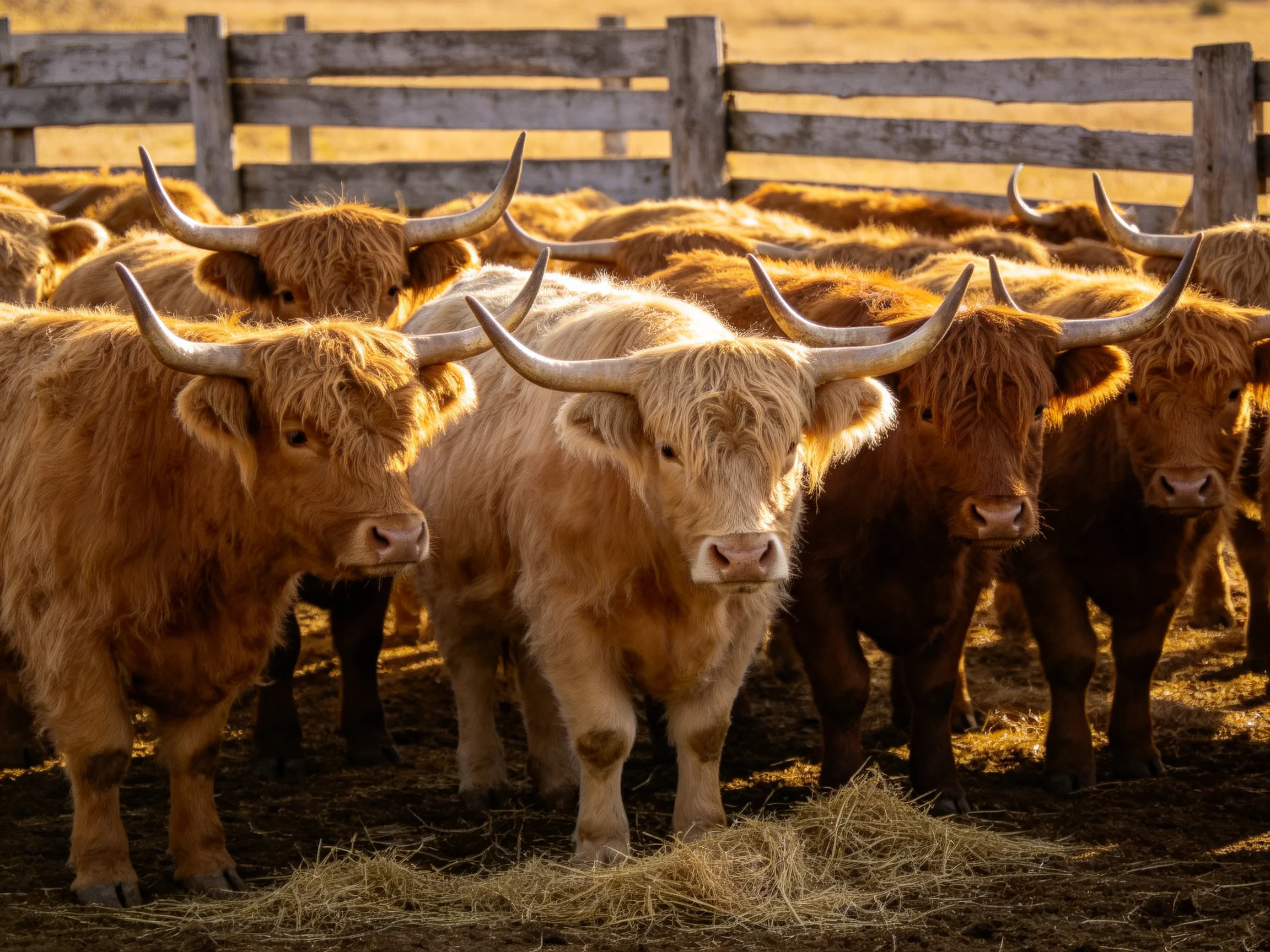 A group of Highland cattle with long curved horns near a wooden fence