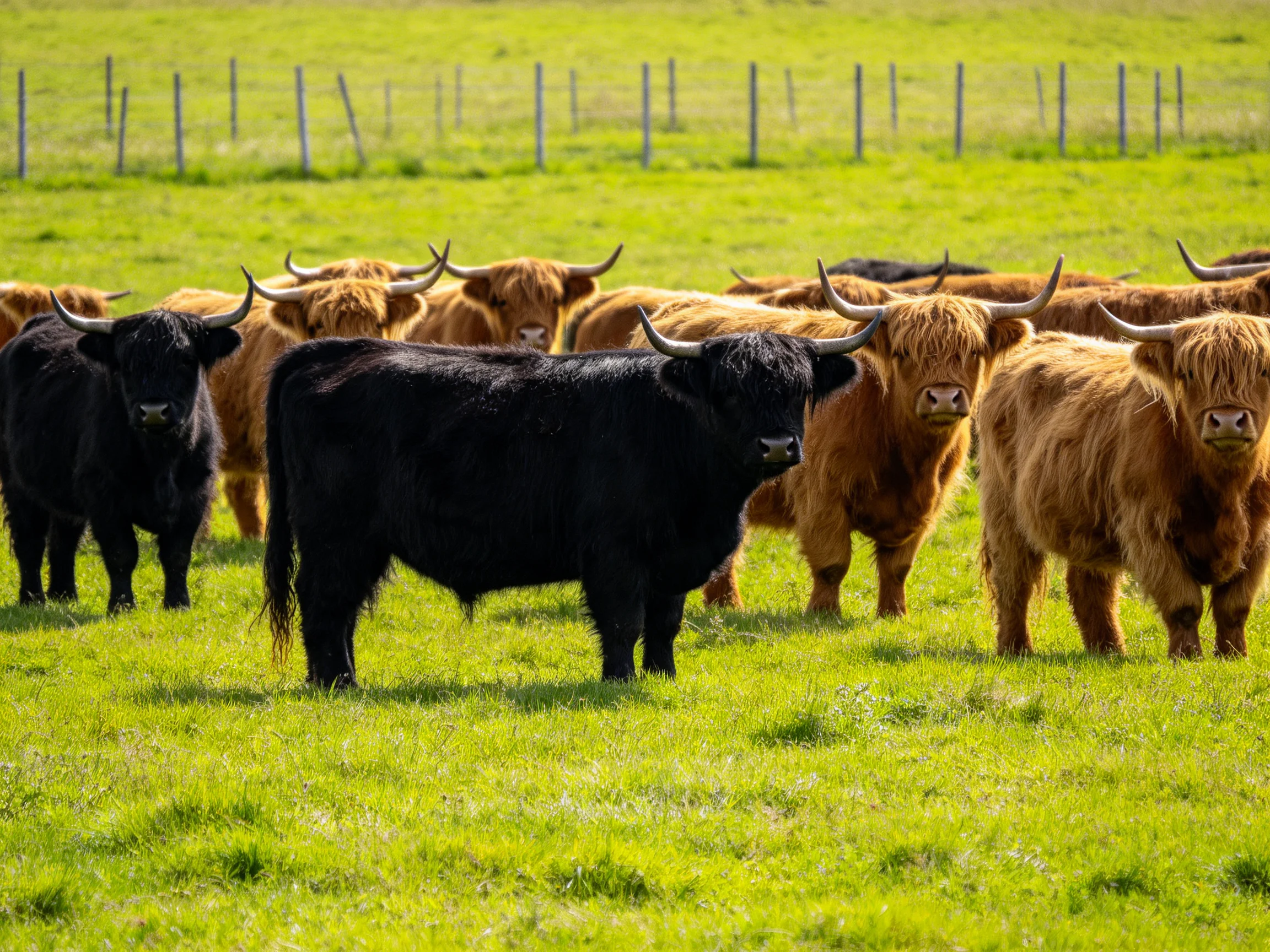 A group of black and brown Highland cattle in a lush green pasture