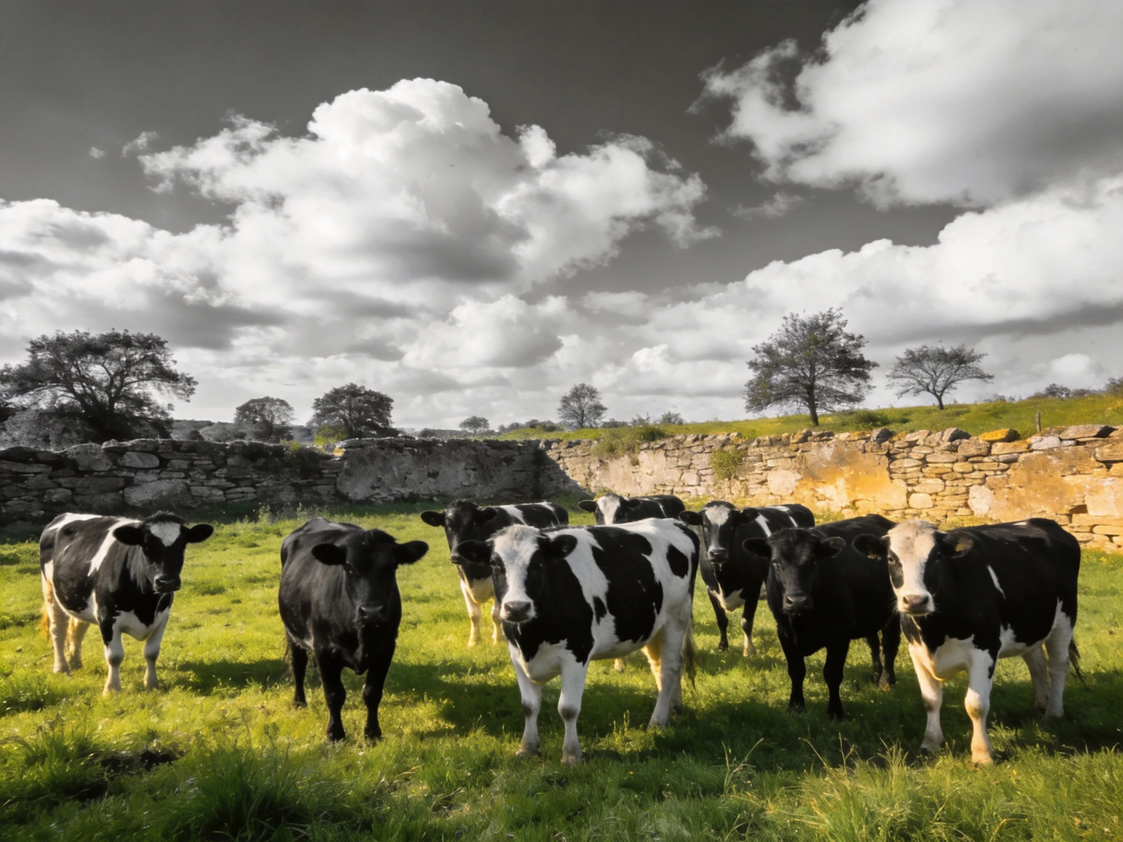 A group of black-and-white cows gathers in a green pasture by ancient stone walls
