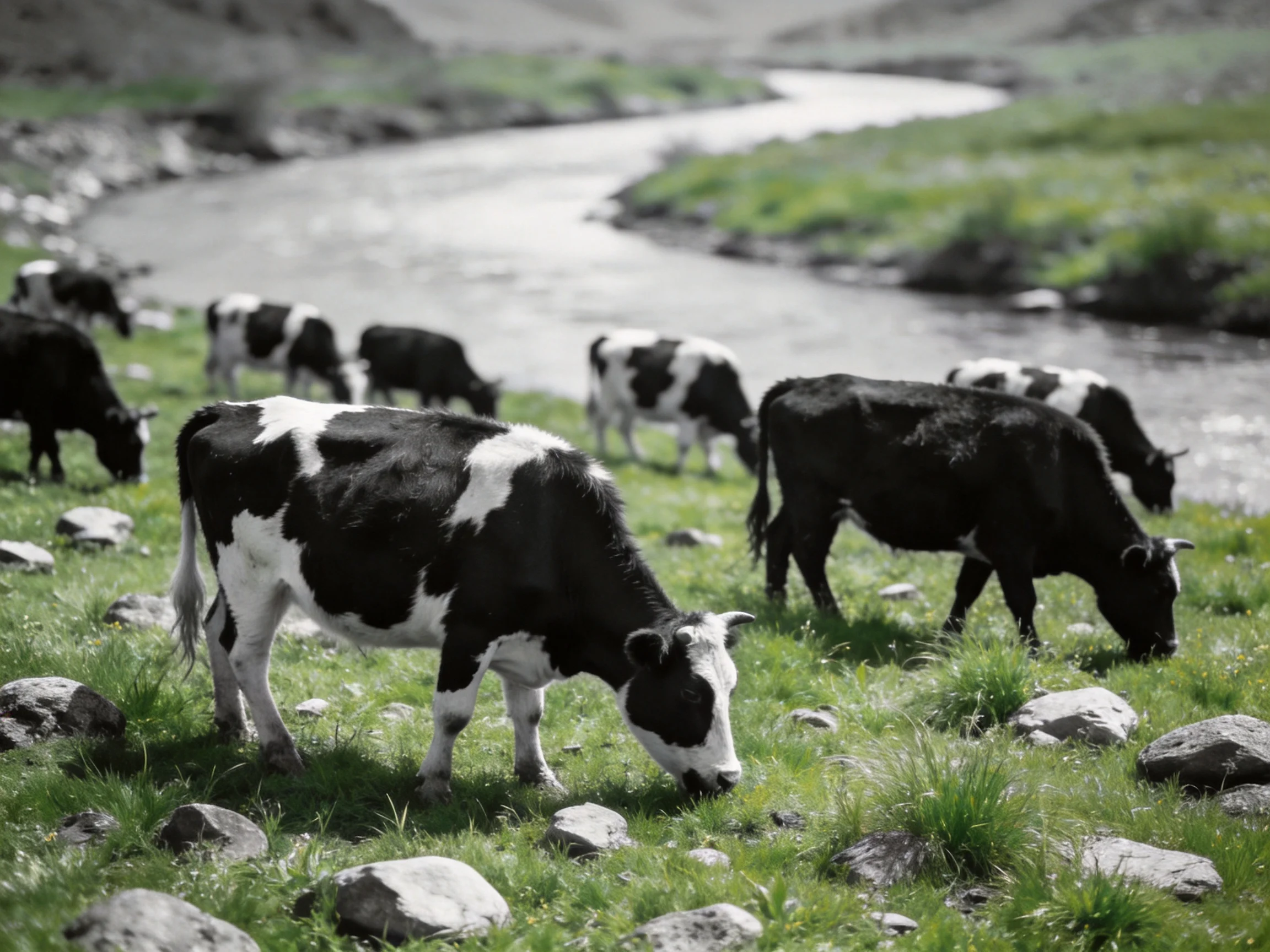 A group of black and white cows graze by a winding stream with rocky terrain