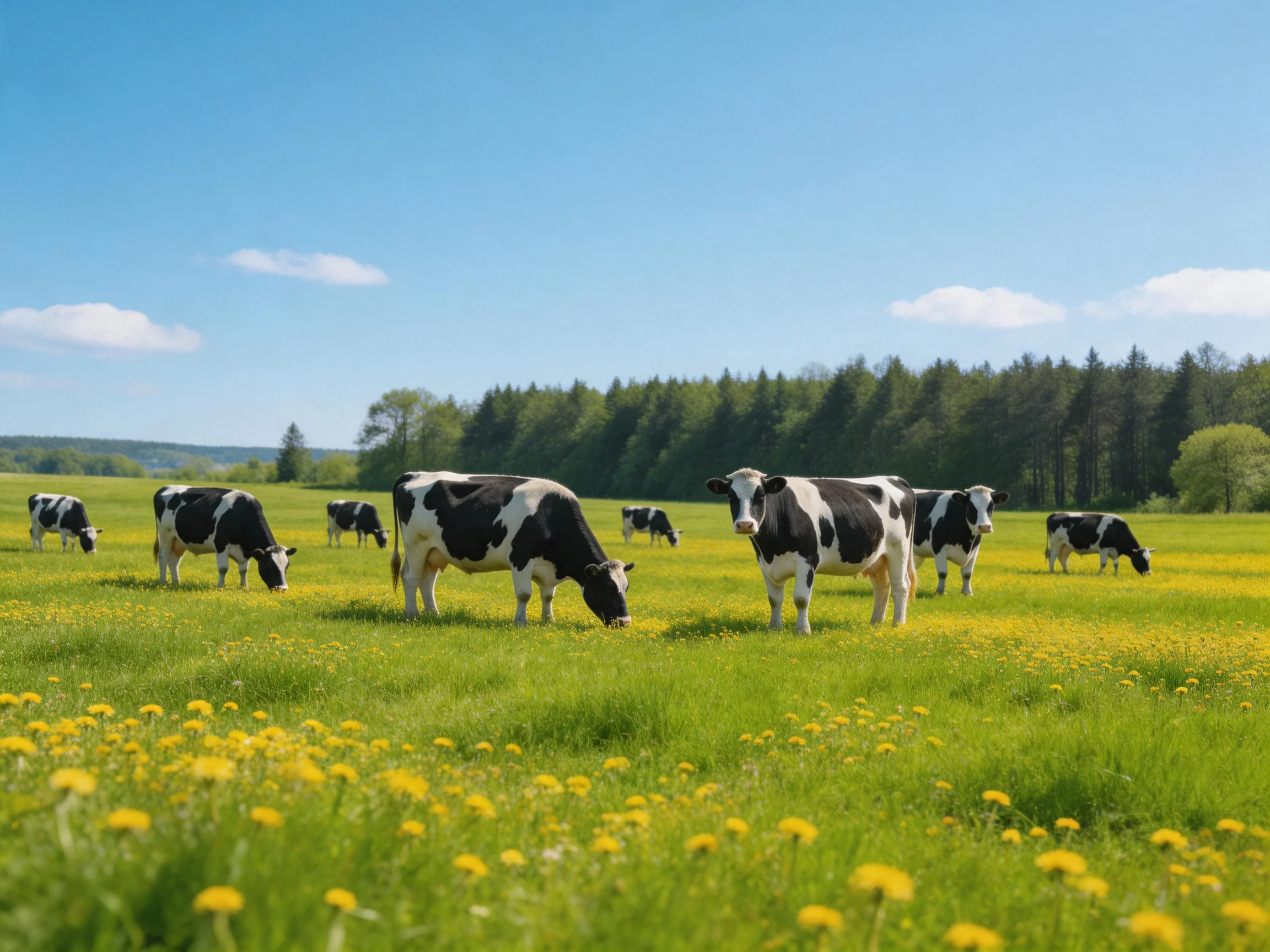 A group of black-and-white cows graze in a sunny meadow with yellow wildflowers