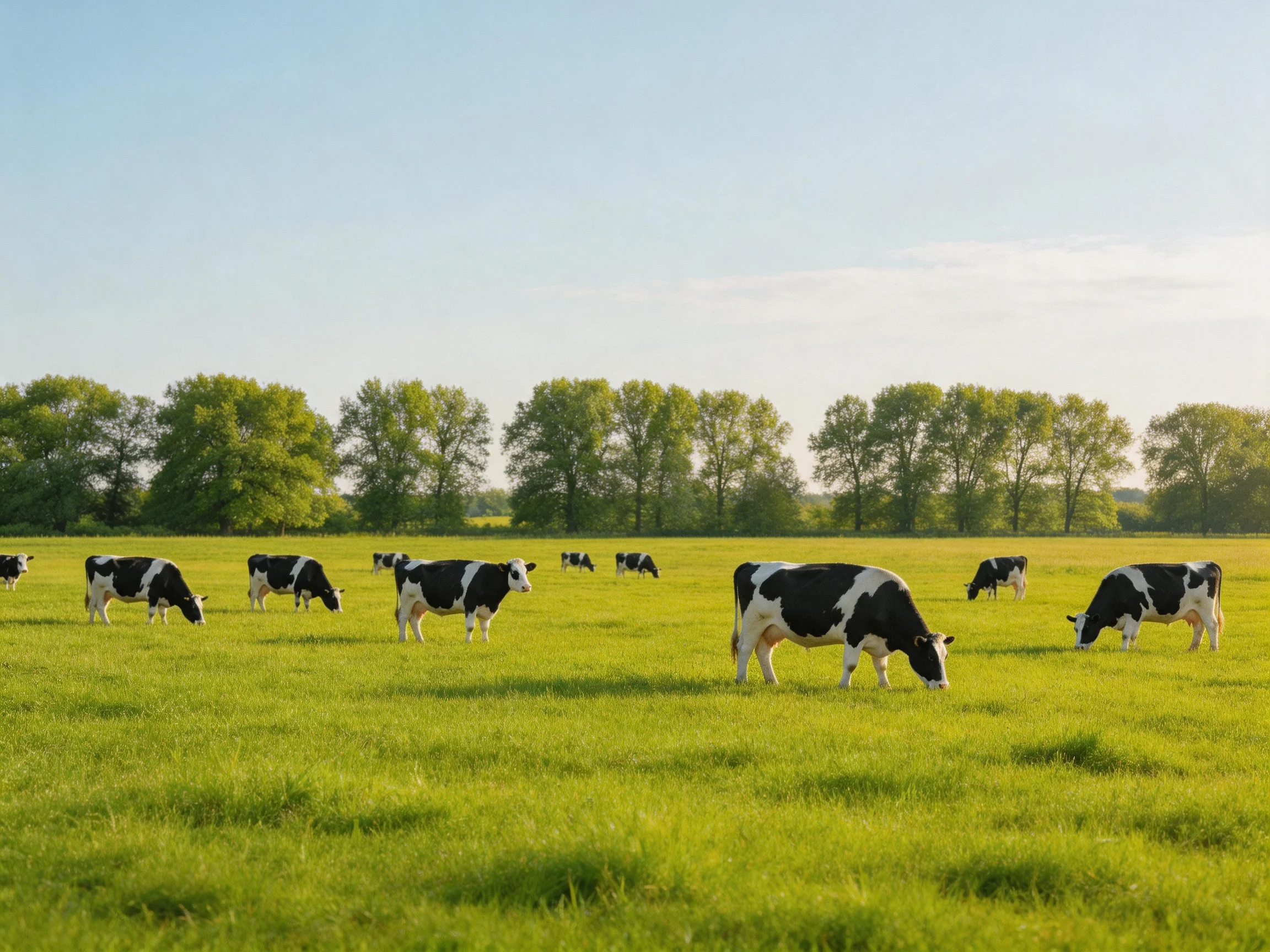 A group of black-and-white cows grazes in a sunlit green pasture